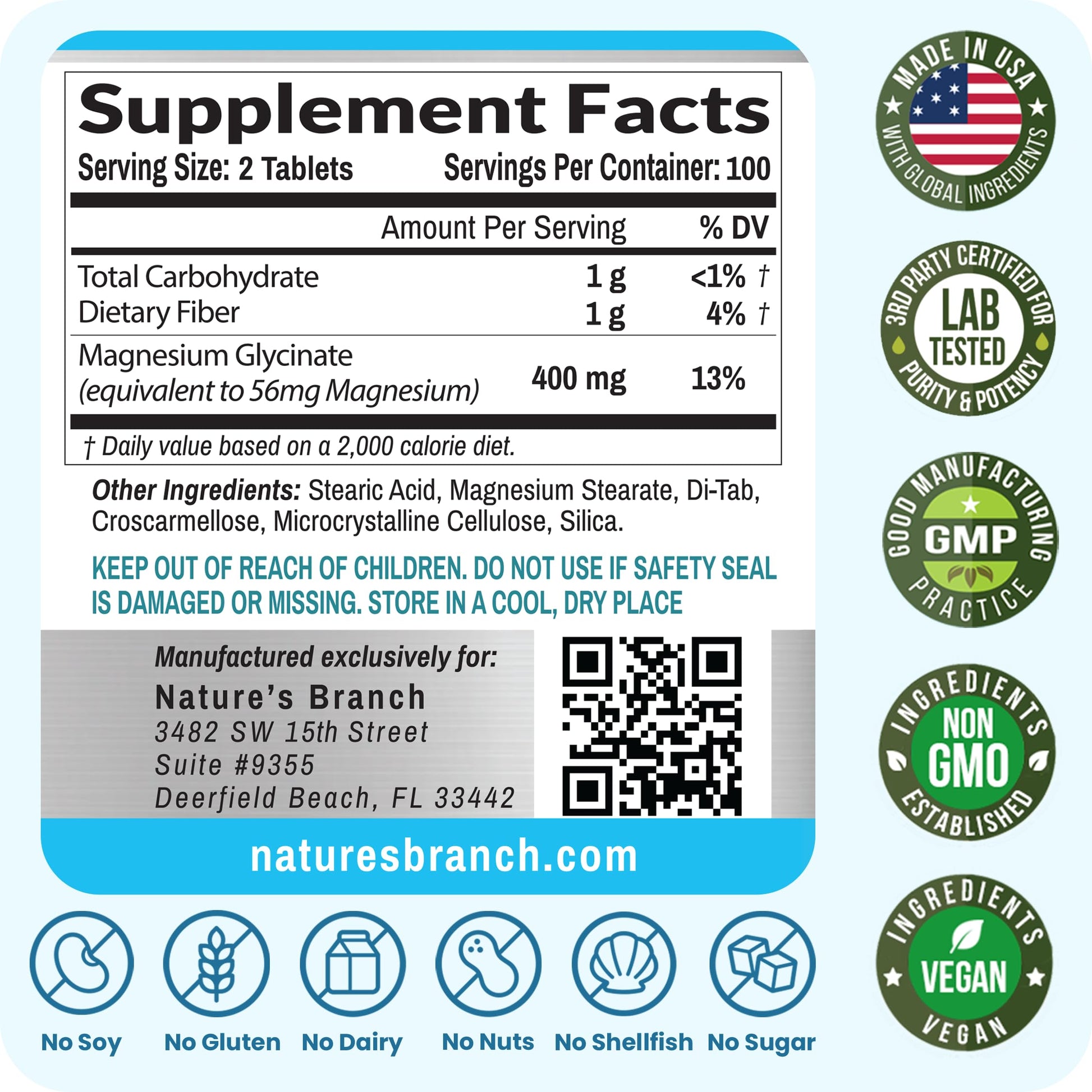 Magnesium Glycinate 400mg | 200 Tablets | High Absorption Mag Supplements for Sleep, Leg Cramps, Heart, Muscle, Calm | Non Buffered Bisglycinate, Extra Strength for Women and Men, Tablets Not Capsules NATURE'S BRANCH buy supplements canada