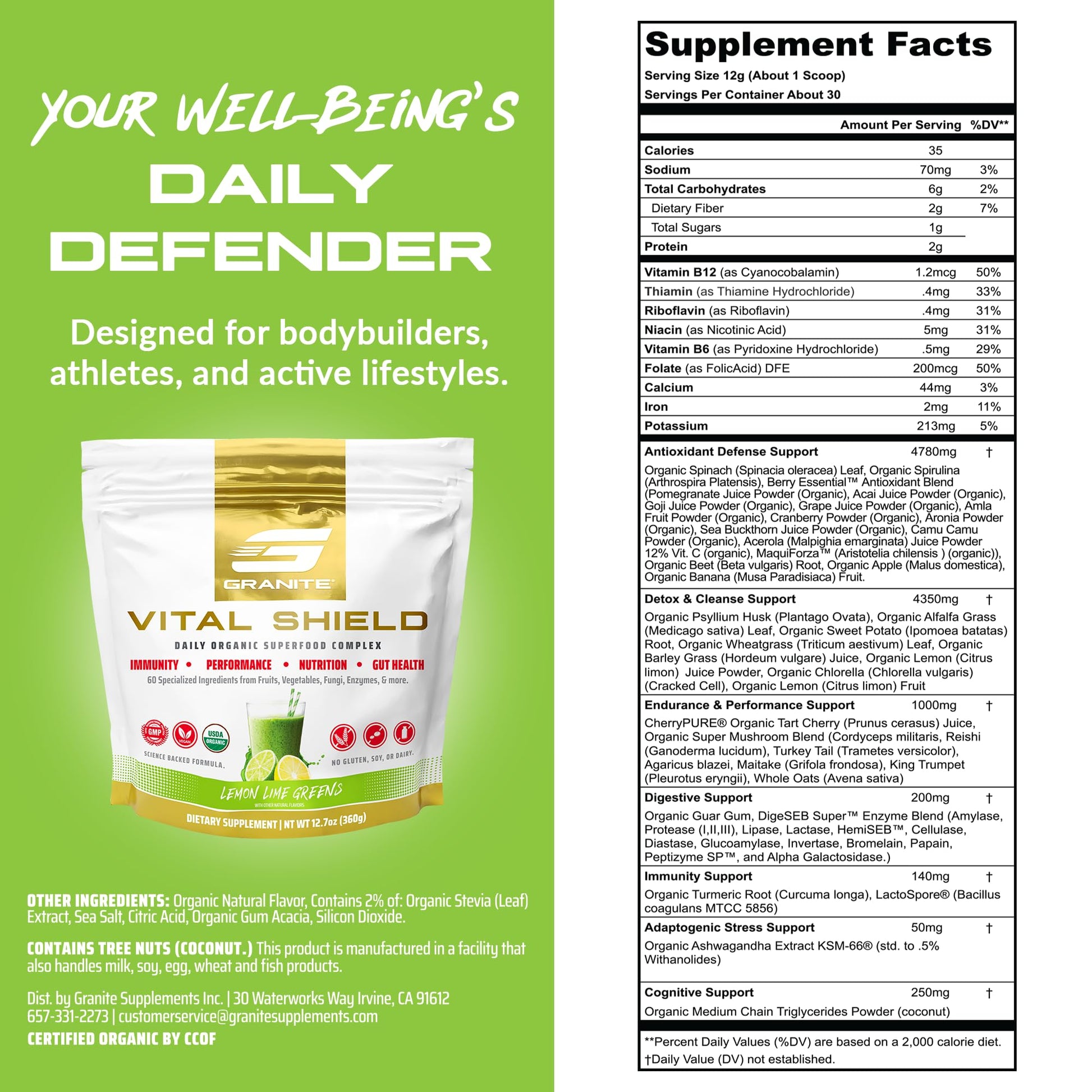 Granite Nutrition Vital Shield - USDA Organic Superfood Greens with Mushrooms & Tart Cherry – Supports Energy, Immune Function & Digestive Health – Lemon Lime Flavor (30 Servings) Granite Supplements buy supplements canada
