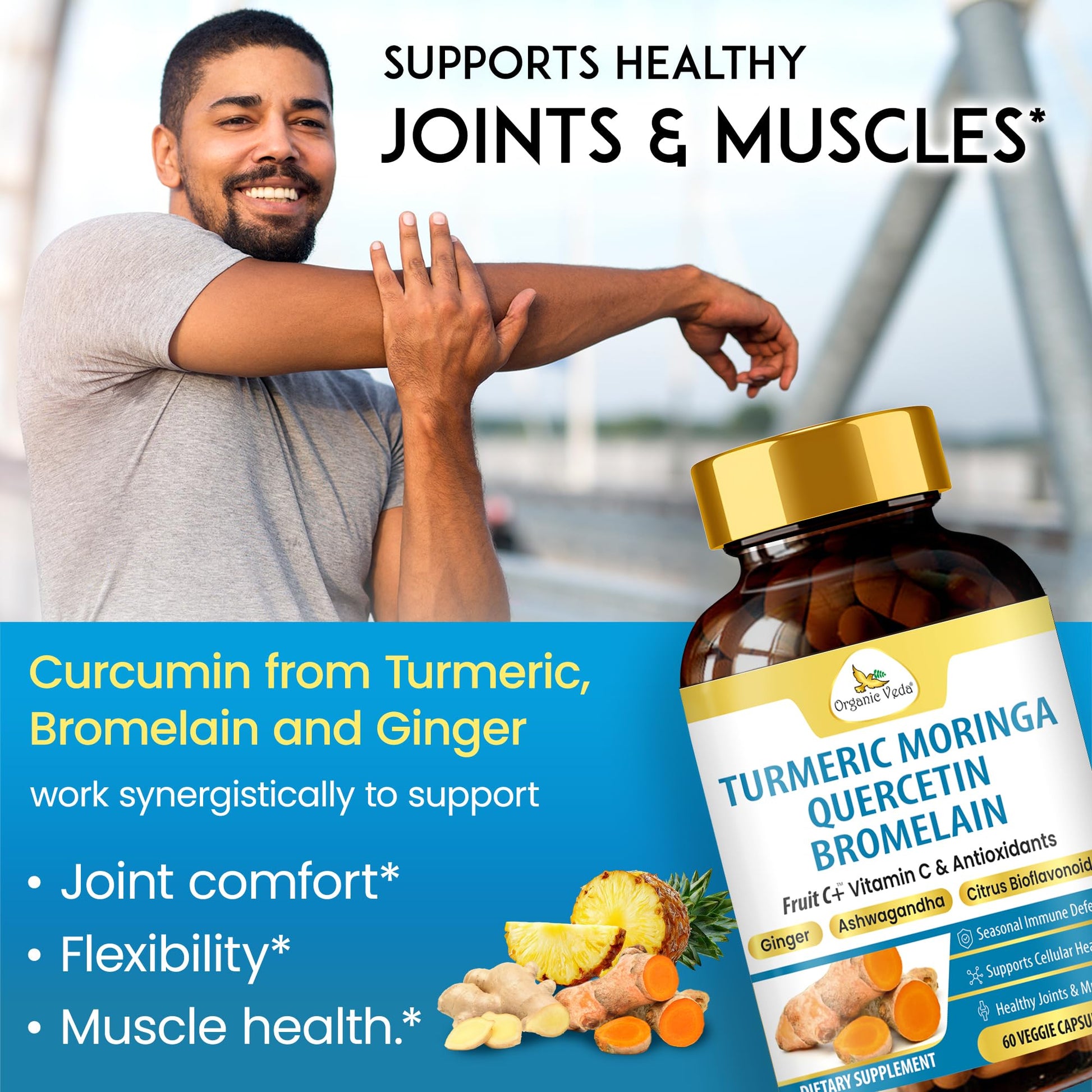 Organic Veda Turmeric Moringa Quercetin with Bromelain Capsules - Fruit C+ Vitamin C Antioxidants Immune System & Respiratory Supplement - Ashwagandha, Ginger, Citrus Bioflavonoids, 60 Vegan Capsule Organic Veda buy supplements canada