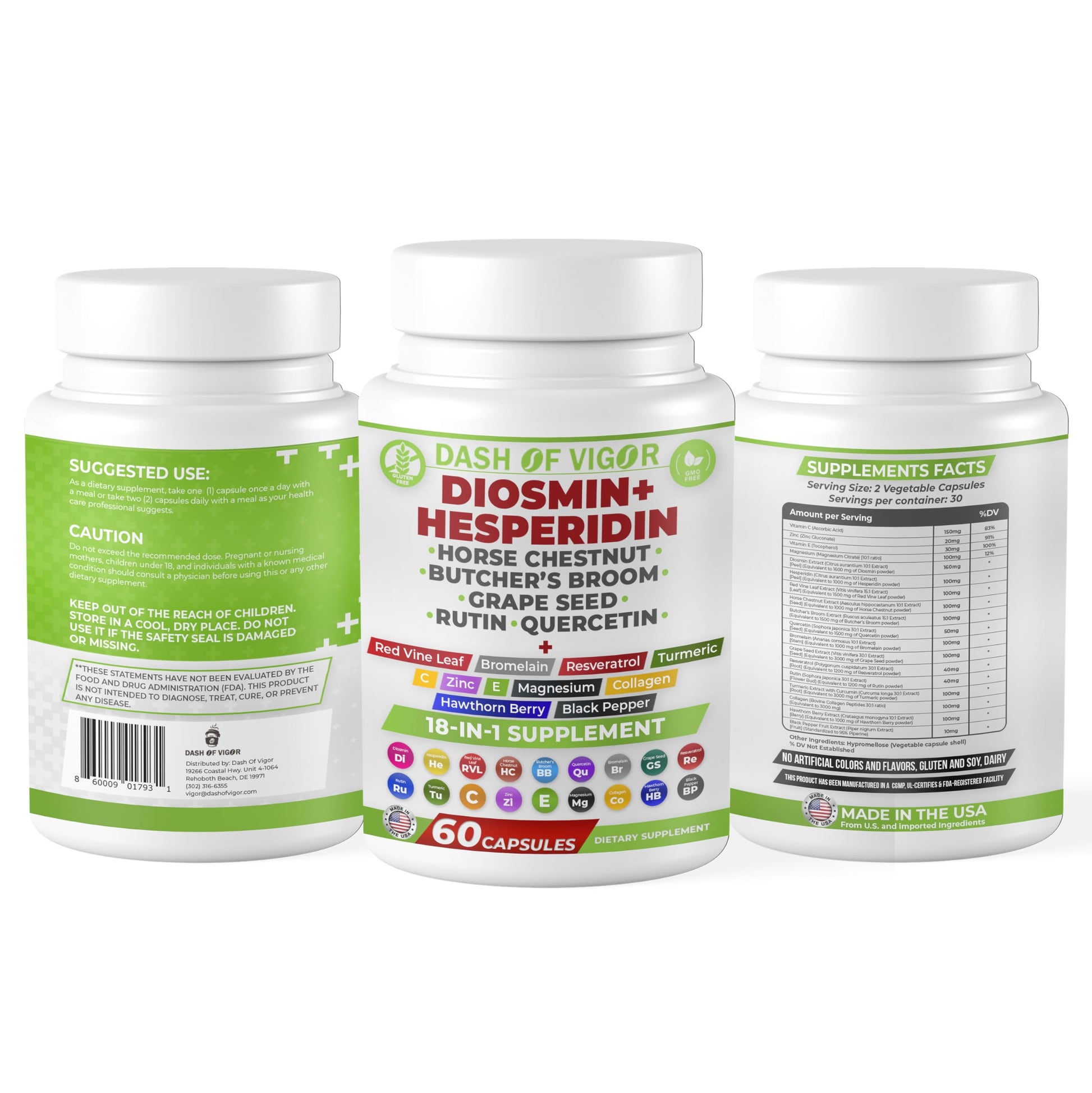 Dash of Vigor 18-in-1 Diosmin Hesperidin Supplement, Quercetin with Bromelain, Zinc, Vitamin C with Rutin Supplement, Horse Chestnut Extract, Butcher's Broom Extract, USA, 60 Capsules DASH OF VIGOR DOFV buy supplements canada