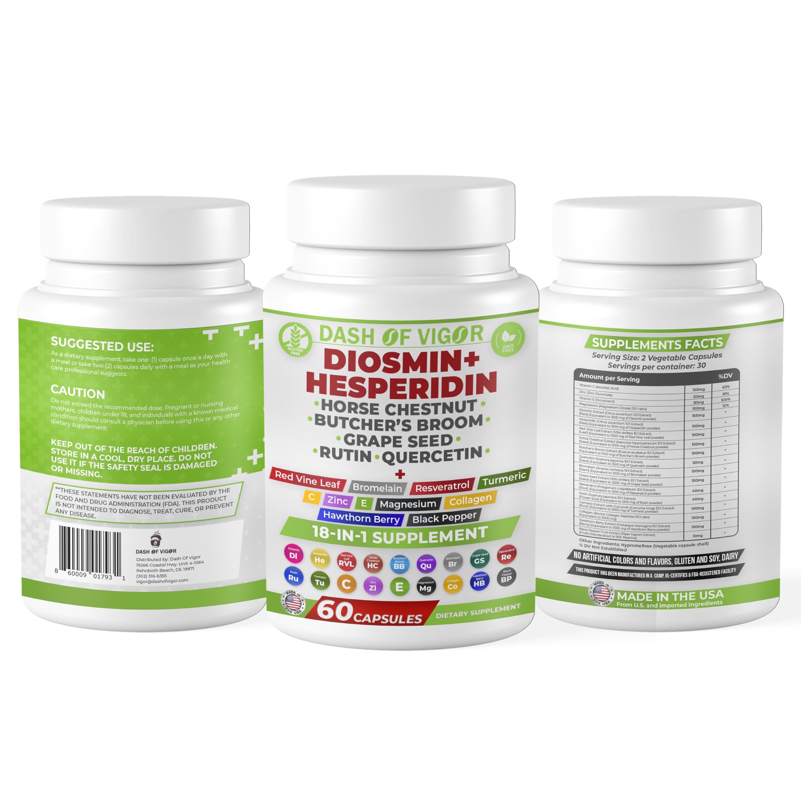 Dash of Vigor 18-in-1 Diosmin Hesperidin Supplement, Quercetin with Bromelain, Zinc, Vitamin C with Rutin Supplement, Horse Chestnut Extract, Butcher's Broom Extract, USA, 60 Capsules DASH OF VIGOR DOFV buy supplements canada