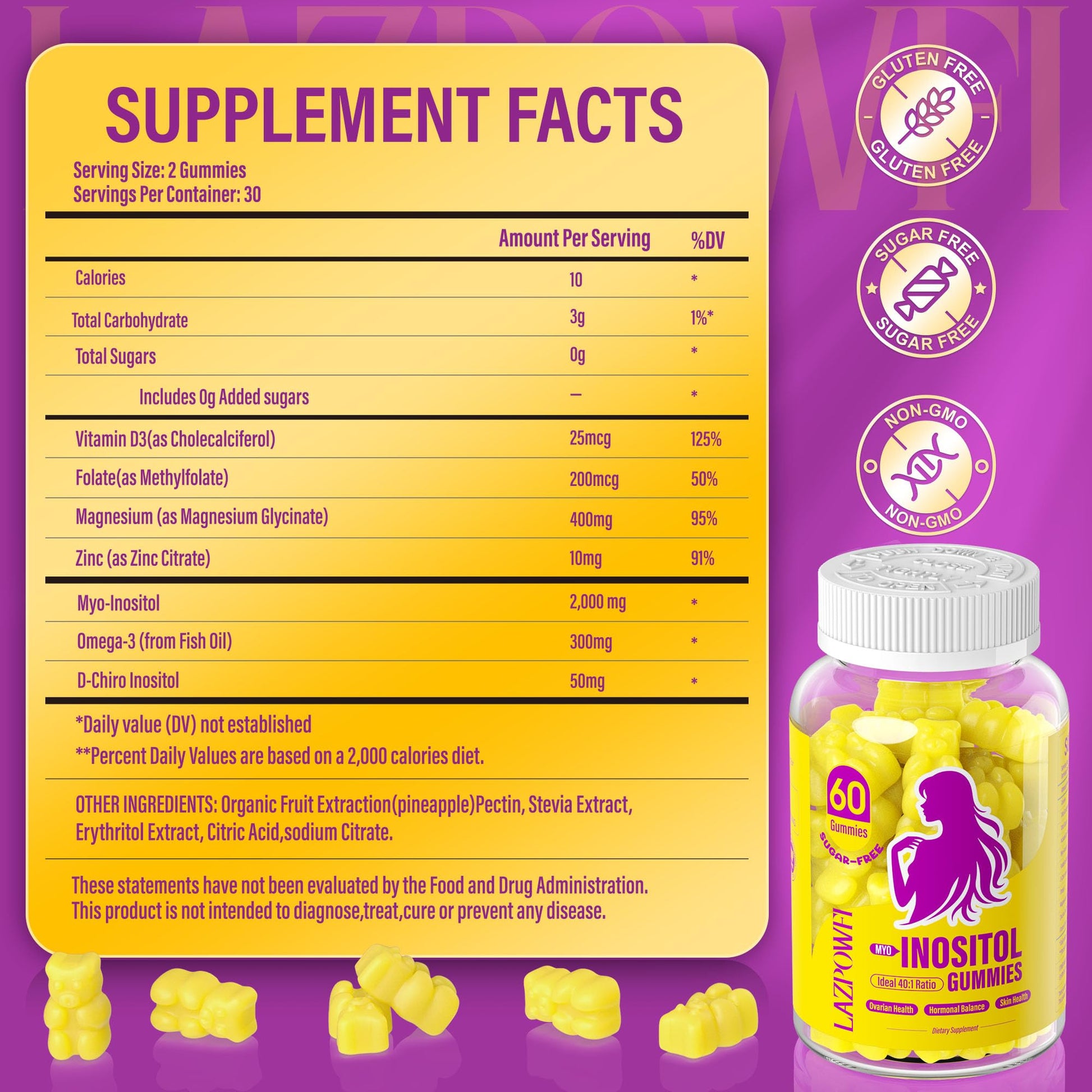 Lazpowfi Myo-Inositol & D-Chiro Inositol,Inositol Gummies with Vitamin D3, Magnesium Glycinate, Omega-3, Folate & Zinc, Inositol Supplement Menstrual Cycle for Women-40:1 Ratio-30 Day Supply Lazpowfi buy supplements canada