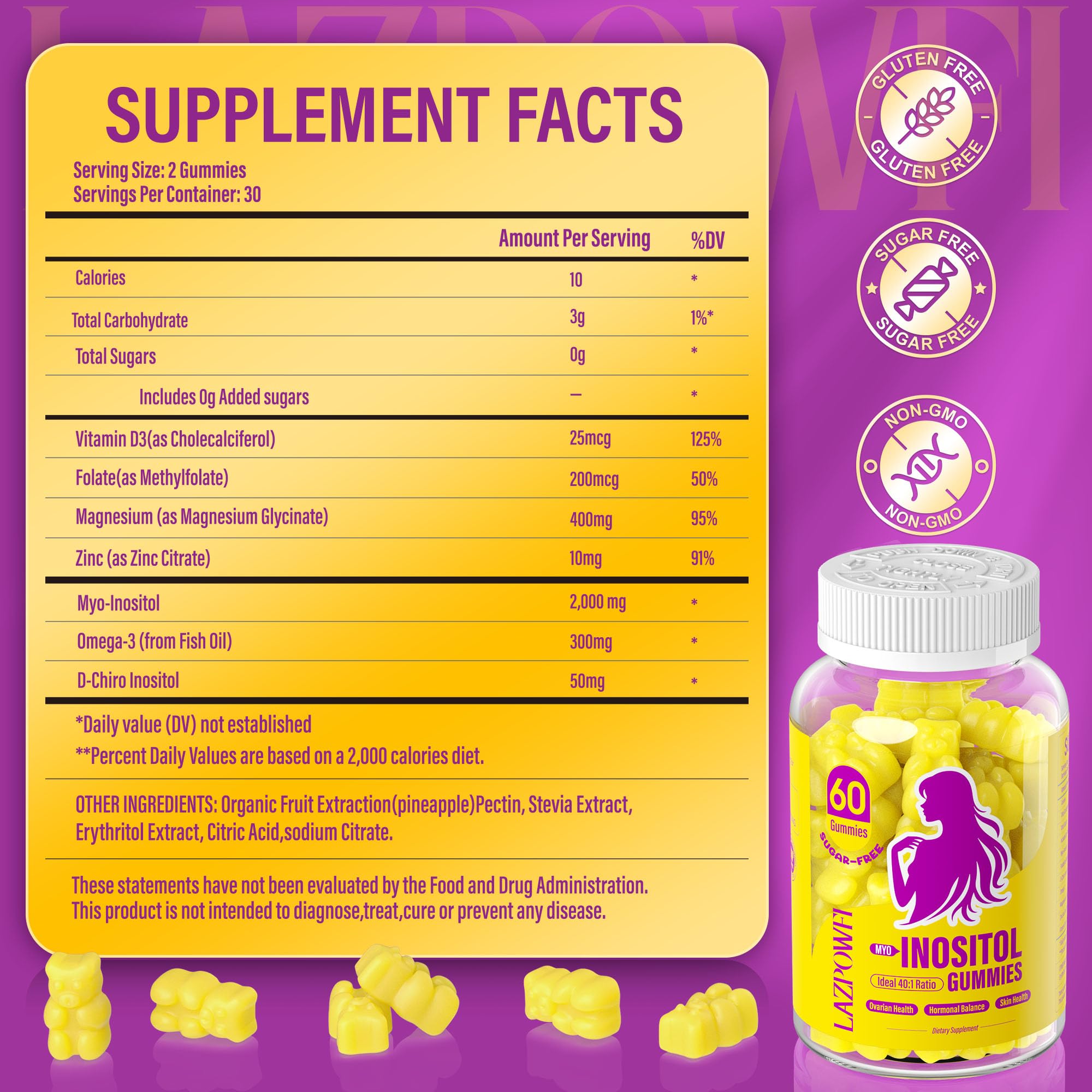 Lazpowfi Myo-Inositol & D-Chiro Inositol,Inositol Gummies with Vitamin D3, Magnesium Glycinate, Omega-3, Folate & Zinc, Inositol Supplement Menstrual Cycle for Women-40:1 Ratio-30 Day Supply Lazpowfi buy supplements canada