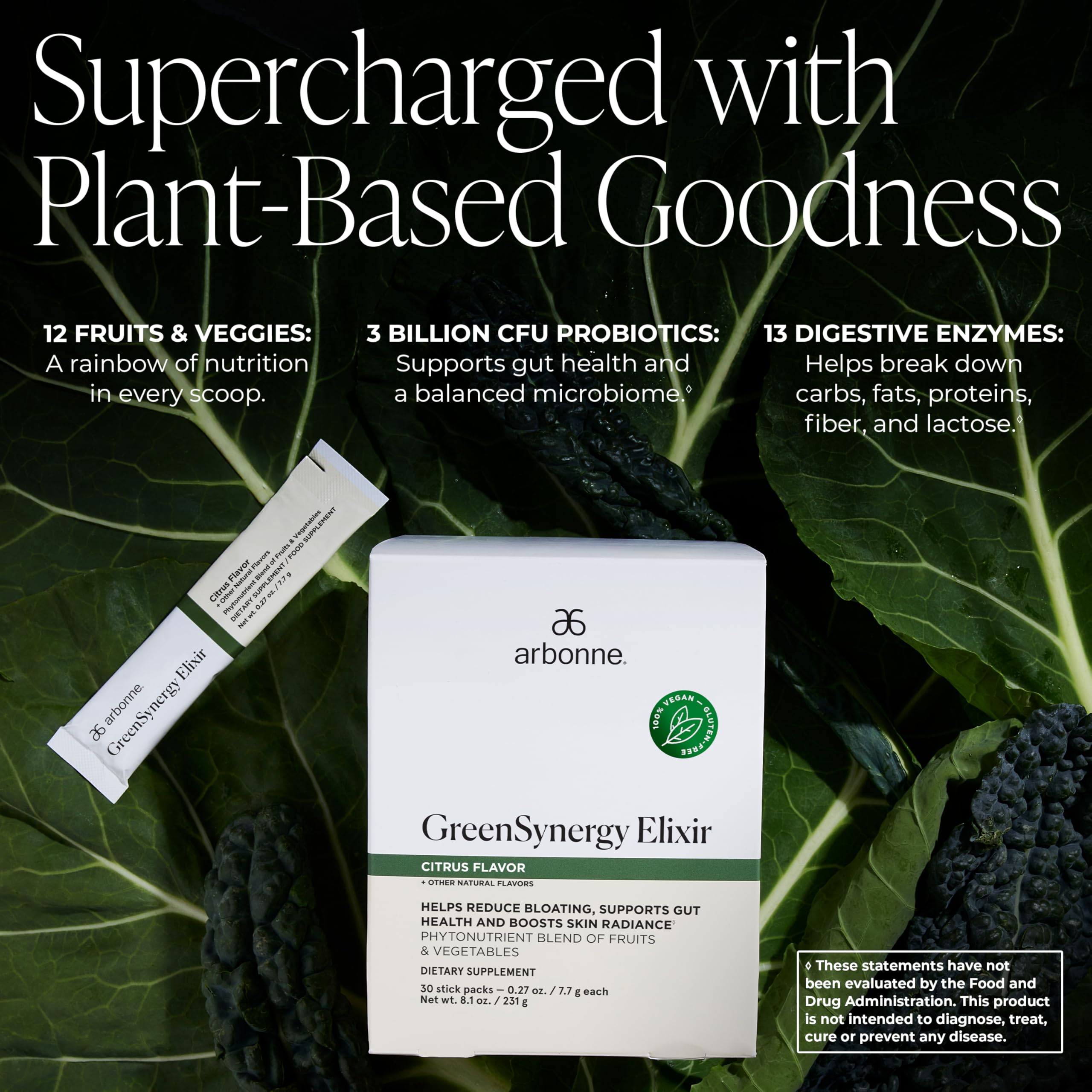 Arbonne GreenSynergy Elixir – Citrus-Flavored Greens Powder with 13 Digestive Enzymes, Vegan Collagen Builder, Probiotics, and Prebiotics – Supports Gut Health and Digestion – 30 Stick Packs Arbonne buy supplements canada