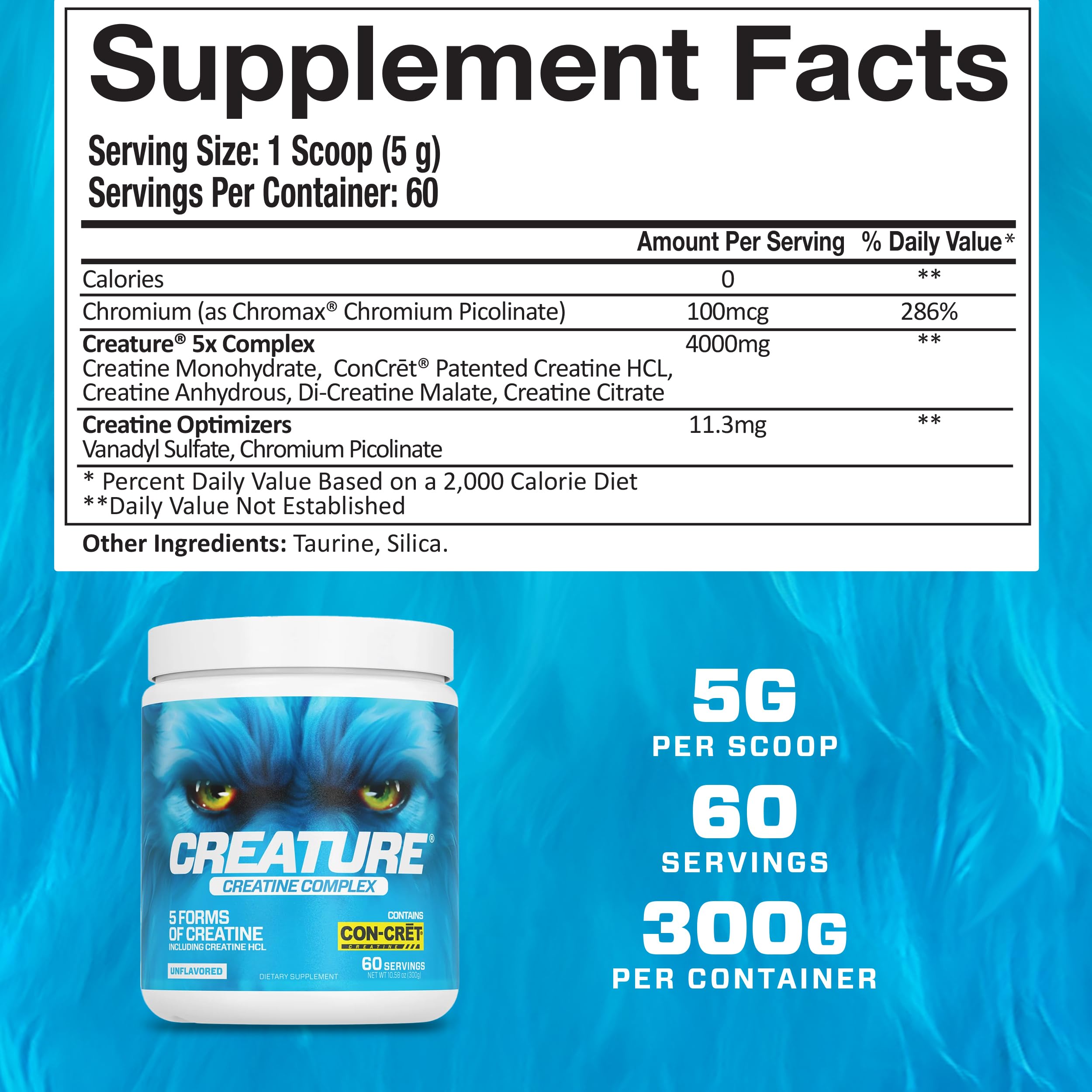 CREATURE® Creatine Complex - Creatine Monohydrate Powder with 5 Types of Creatine Including Con-Crēt® Creatine HCL, Promotes Muscle, Strength, Endurance, Brain Health, Unflavored, 300g 60 Servings CREATURE buy supplements canada