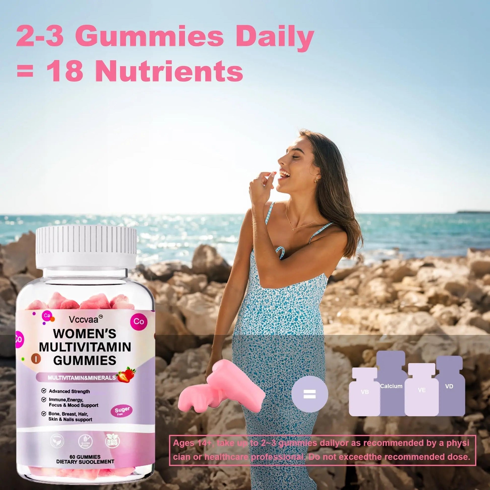 Vccvaa Sugar Free Multivitamin Gummies for Women 14+ with Iron, Inositol, Folate, Vitamins A C D3 E B12 K2, Herbal & Mineral Blend Vccvaa buy supplements canada