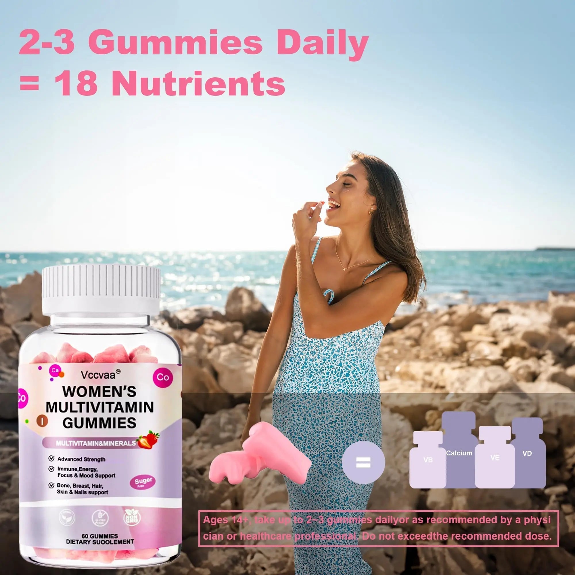 Vccvaa Sugar Free Multivitamin Gummies for Women 14+ with Iron, Inositol, Folate, Vitamins A C D3 E B12 K2, Herbal & Mineral Blend Vccvaa buy supplements canada