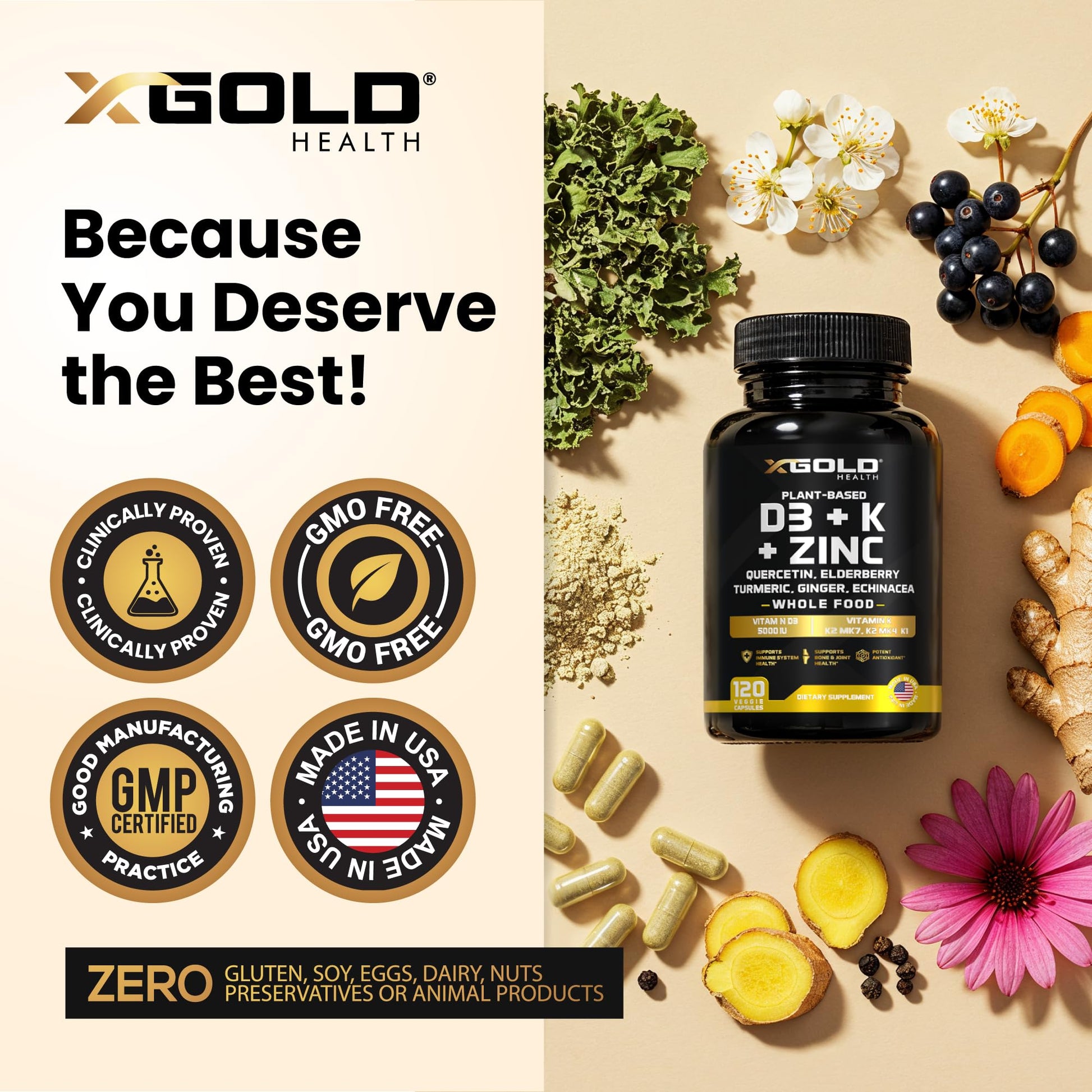 Vitamin D, K2, K1, Zinc, Quercetin, Elderberry, Turmeric, Ginger & Echinacea Whole Food Supplement 8 in 1- D3 5000 IU Plant-Based from Lichen, Vitamin K (K2 MK7, MK4, K1) X Gold Health buy supplements canada