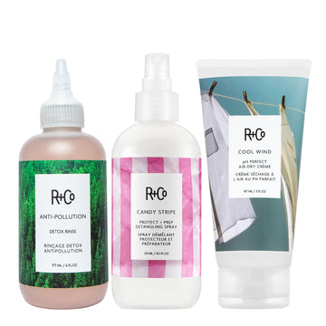 R+Co TEACUP Anti-Pollution Detox Rinse, CANDY STRIPE Protect + Prep Detangling Spray & COOL WIND pH Perfect Air Dry Crème Bundle – Hydration, Protection & Styling for All Hair Types R+Co buy supplements canada