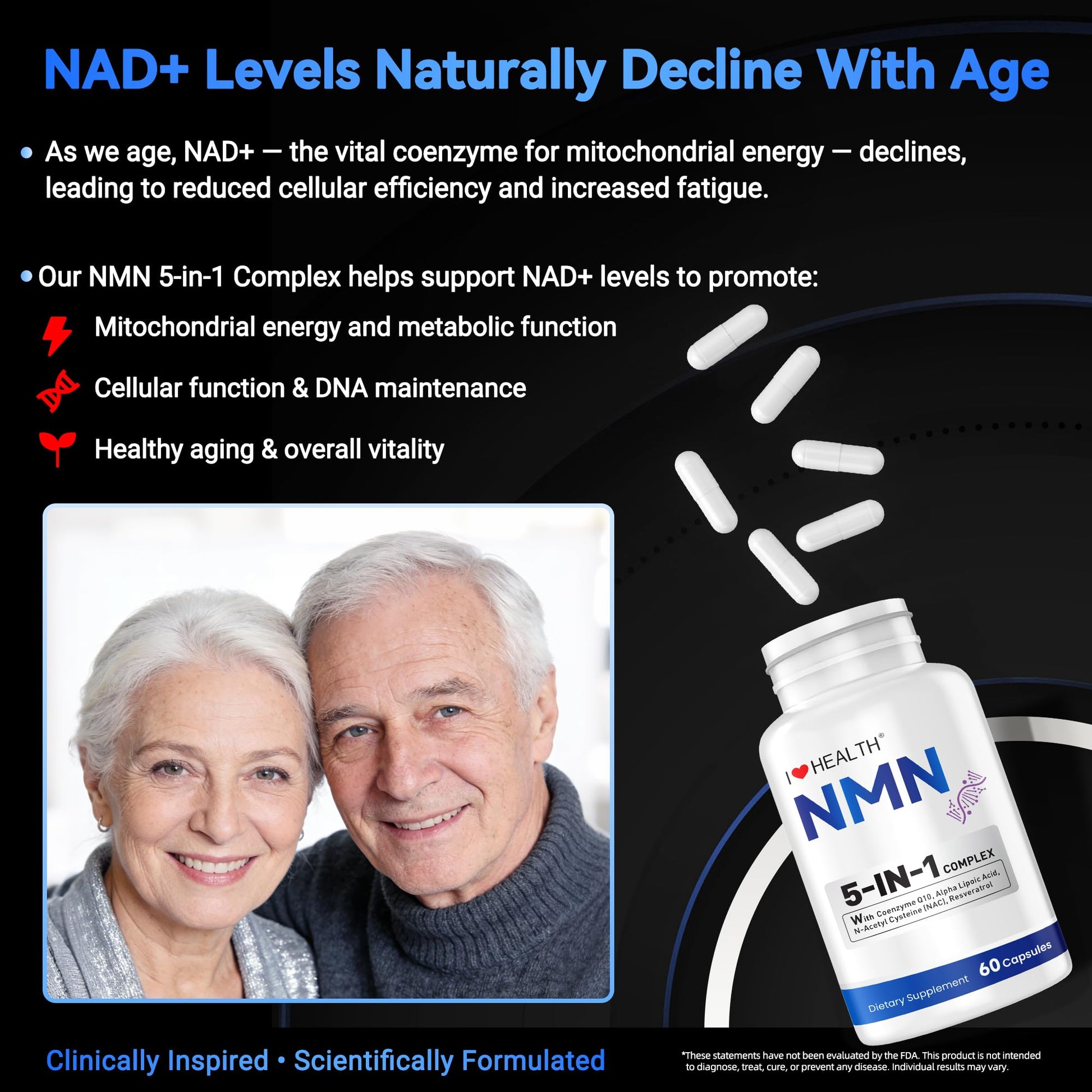 I LOVE HEALTH NMN Supplement, 5-in-1 Complex with NAC, Alpha Lipoic Acid, CoQ10 & Resveratrol - High Absorption Anti Aging Formula - Third Party Tested, cGMP, Gluten Free - 60 Capsules I LOVE HEALTH buy supplements canada