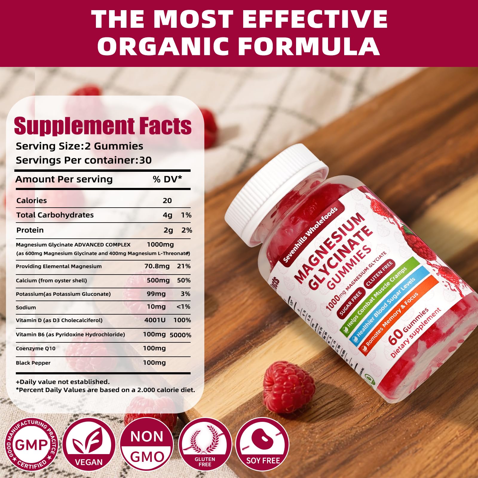 Magnesium Glycinate Gummies 1000mg - Sugar Free Magnesium Potassium Supplement for Relaxation, Calm, Stress Relief, and Sleep Support for Adults & Kids - 60 Raspberry Gummies Sevenhills Wholefoods buy supplements canada