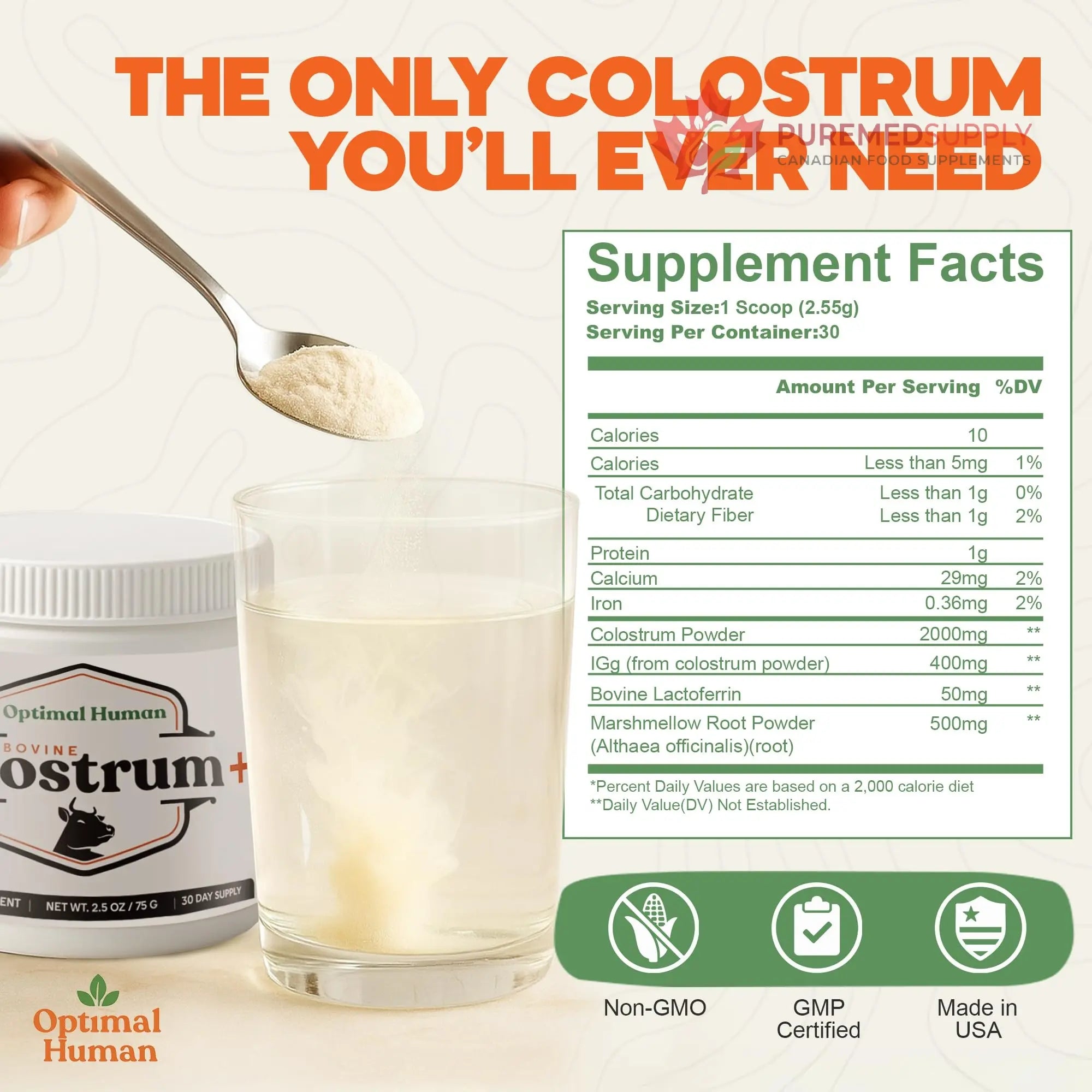O H Optimal Human Bovine Colostrum Powder with Marshmallow Root – Gut & Immune Support Colostrum Supplement Capsules with IgG & Protein – Non-GMO, GMP Certified, Made in USA – Unflavored 30 Servings O H buy supplements canada