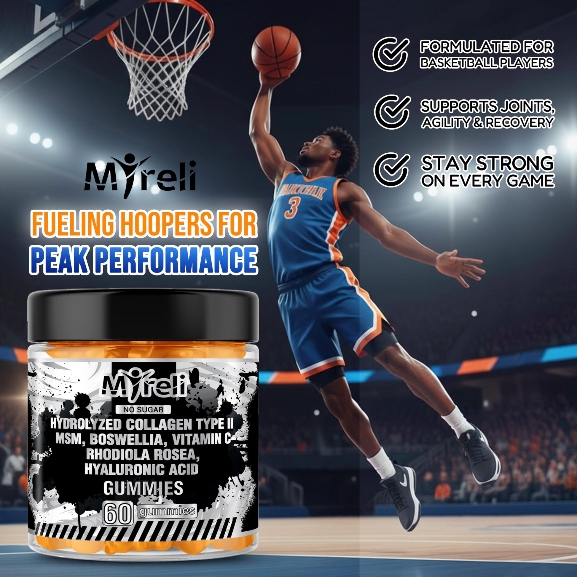 MYRELI Hydrolyzed Collagen Type II 500mg, MSM 700mg, Boswellia 200mg, Vitamin C 400mg, Rhodiola 100mg, Hyaluronic Acid 100mg, Joint Mobility, Flexibility, Basketball Athletes, Vegan, Non GMO, 60 Gummy MYRELI buy supplements canada
