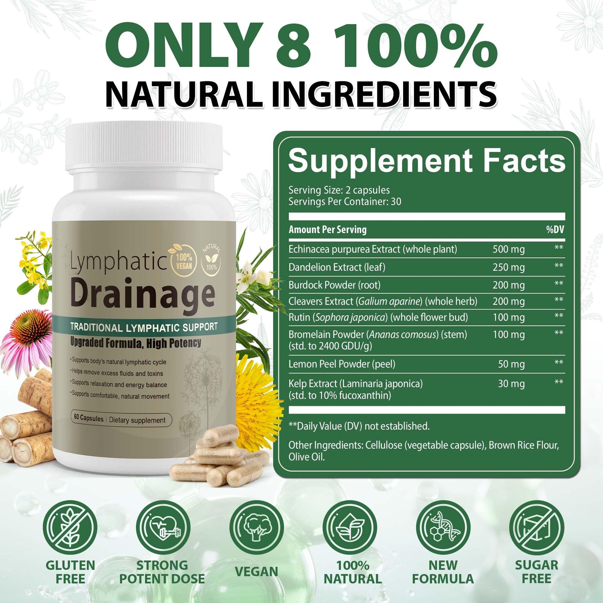 Lymphatic Drainage Capsules Natural Herbal Supplement for Immune Health & Fluid Balance, with Echinacea, Dandelion, and Burdock 60 Capsules Kaseano buy supplements canada