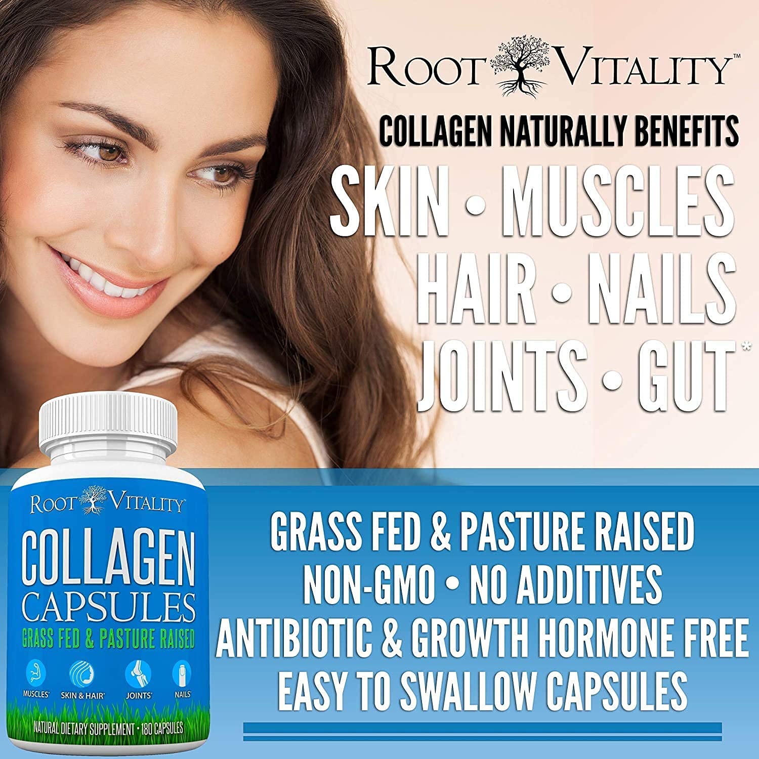 Root Vitality Collagen Peptides Capsules - Grass-Fed, Pasture-Raised Hydrolyzed Protein Supplement for Skin, Hair, & Nails - Non-GMO, Zero Sugar Daily Pills for Men & Women (180 Capsules) Root Vitality buy supplements canada
