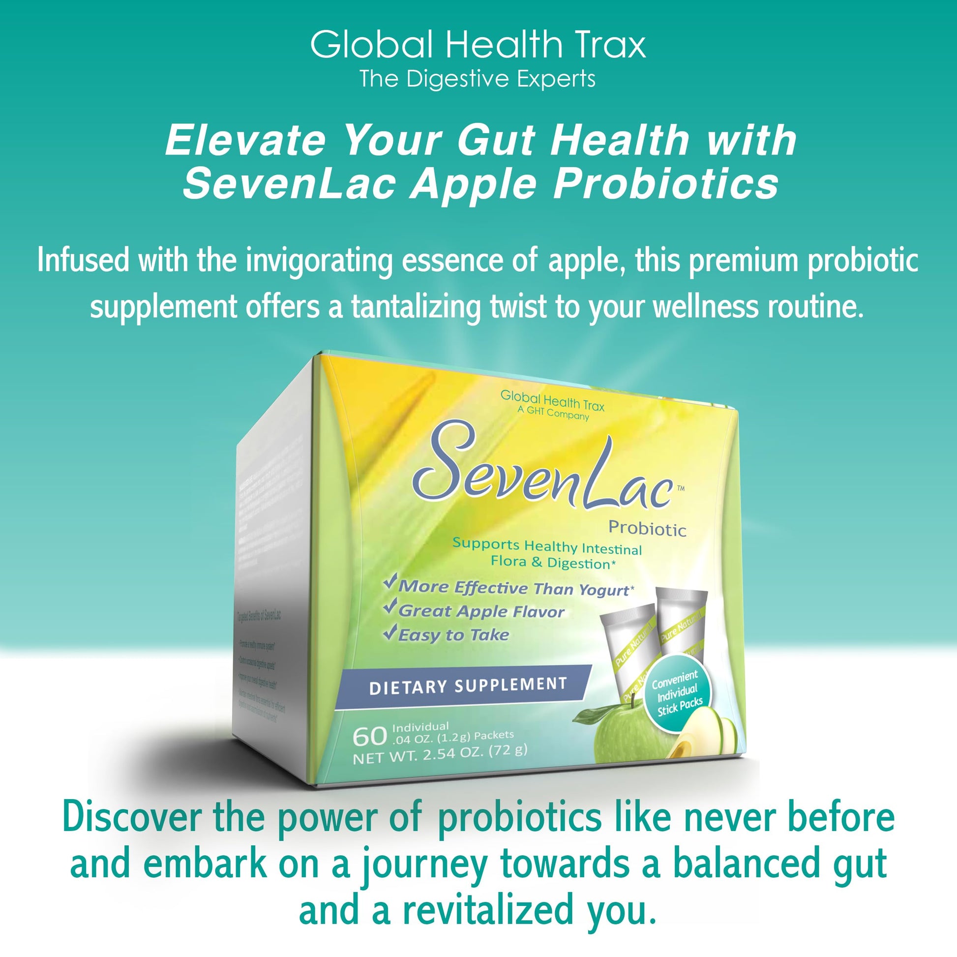 Global Health Trax SevenLac Apple Probiotic Powder Drink Mix, Probiotics for Women, Men, and Kids – Smooth Digestive Support - Relieves Constipation and Gas – 60 Packets, 2.54 Oz, Non-GMO, Gluten-Free ght Global Health Trax buy supplements canada