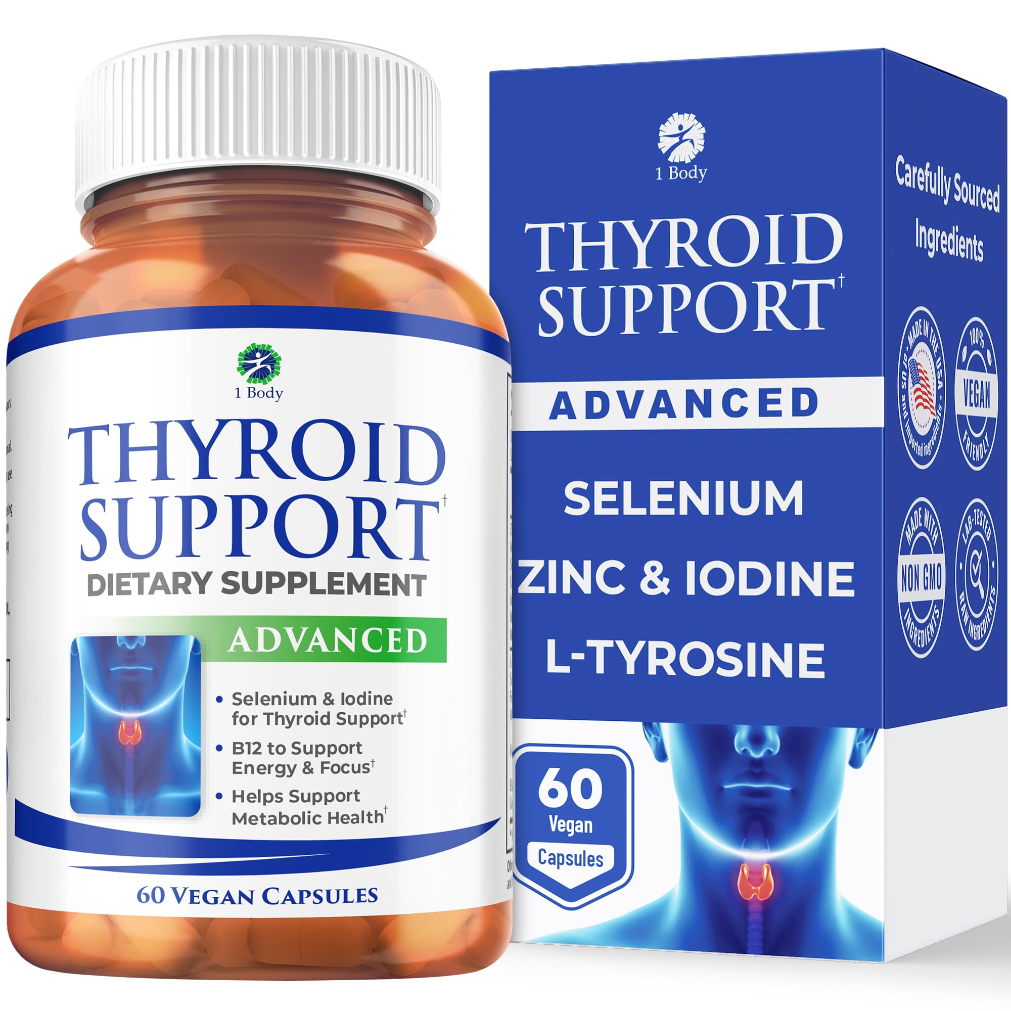 1 Body Thyroid Support Supplement for Women and Men, Selenium with Iodine, Zinc, B12, Ashwagandha and L-Tyrosine, Supports Hormone Health, Energy and Metabolism, 30 Day Supply 1 Body buy supplements canada