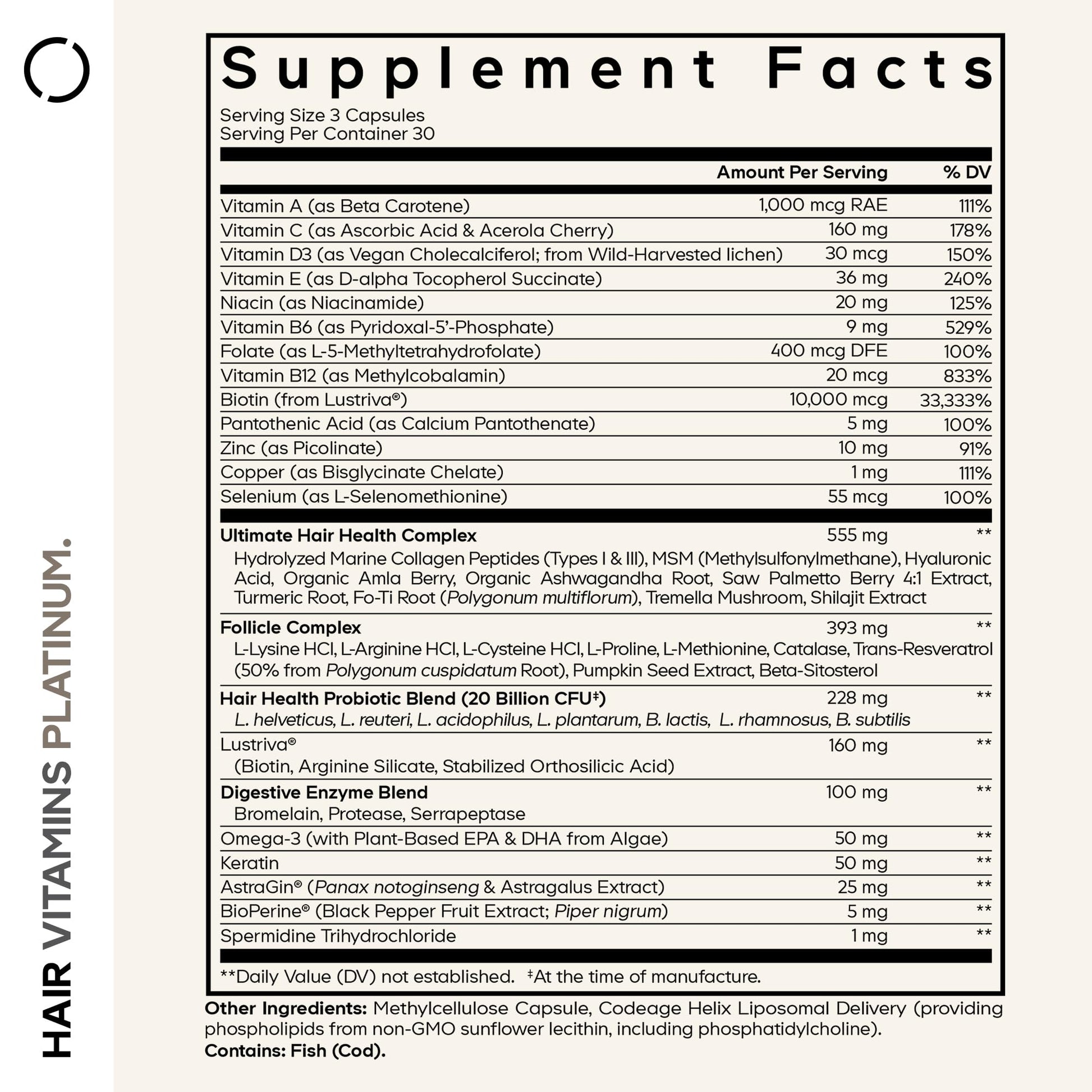 Codeage Hair Vitamins Platinum - Lustriva Hair Growth Support, Spermidine, AstraGin, Biotin, Keratin, Collagen, Enzymes, Omega-3, Multivitamins, Probiotics – Healthy Hair Supplement - 90 Capsules Codeage buy supplements canada
