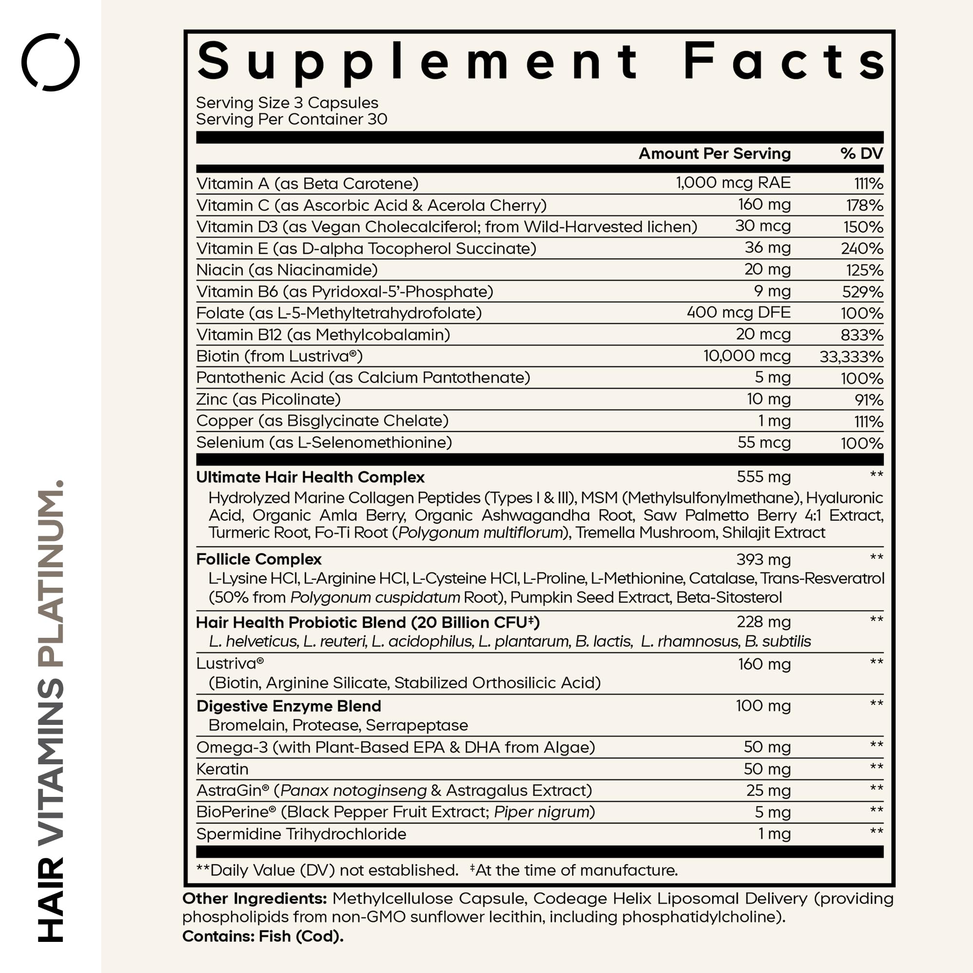 Codeage Hair Vitamins Platinum - Lustriva Hair Growth Support, Spermidine, AstraGin, Biotin, Keratin, Collagen, Enzymes, Omega-3, Multivitamins, Probiotics – Healthy Hair Supplement - 90 Capsules Codeage buy supplements canada
