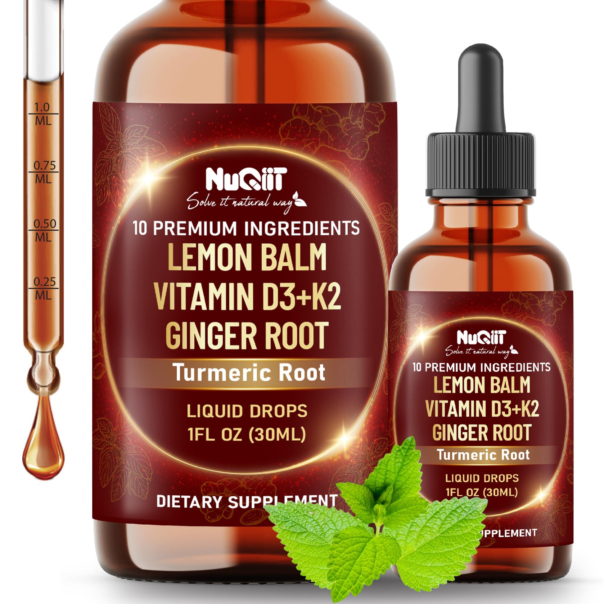 NUQIIT 10in1 Lemon Balm Tincture Blend Includes Vitamin D3, Vitamin K2, Lemon Balm, Ginger, Turmeric, Ceylon Cinnamon and More - 1 FL Oz - 60 Day Supply NUQIIT buy supplements canada