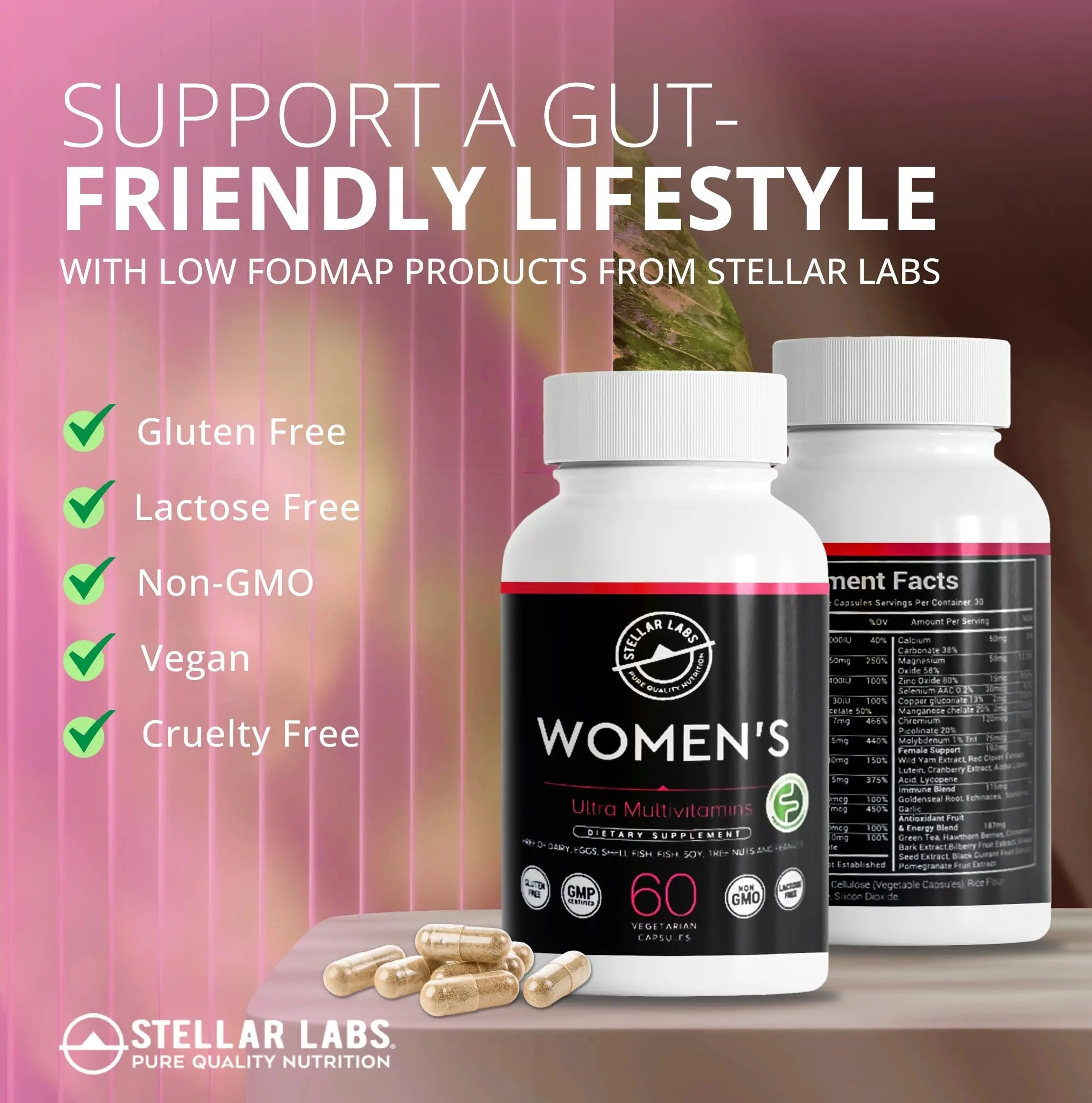 Stellar Labs Low FODMAP Vegan Women's Ultra Multi-Vitamin | Easy to Digest Daily Multivitamin Without Iron | Low Energy Supplement, Female Support | Stellar Labs buy supplements canada