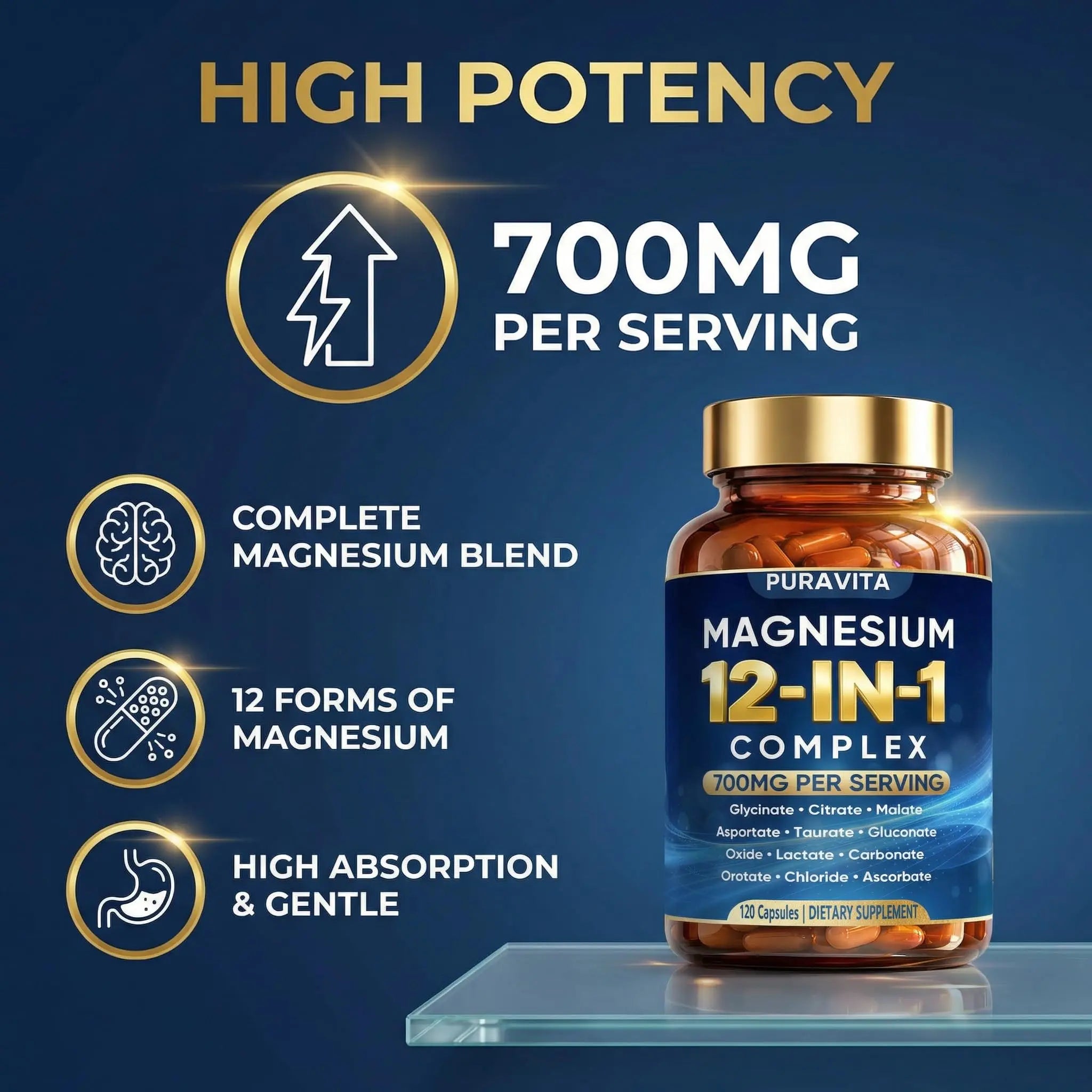 Puravita 12 in 1 Magnesium Complex Capsules - 700mg High Absorption Blend with Glycinate, Citrate, Malate, Oxide & Taurate. Supports Muscle Function, Nerve Health & Relaxation - 120 Capsules (1) PURAVITA buy supplements canada