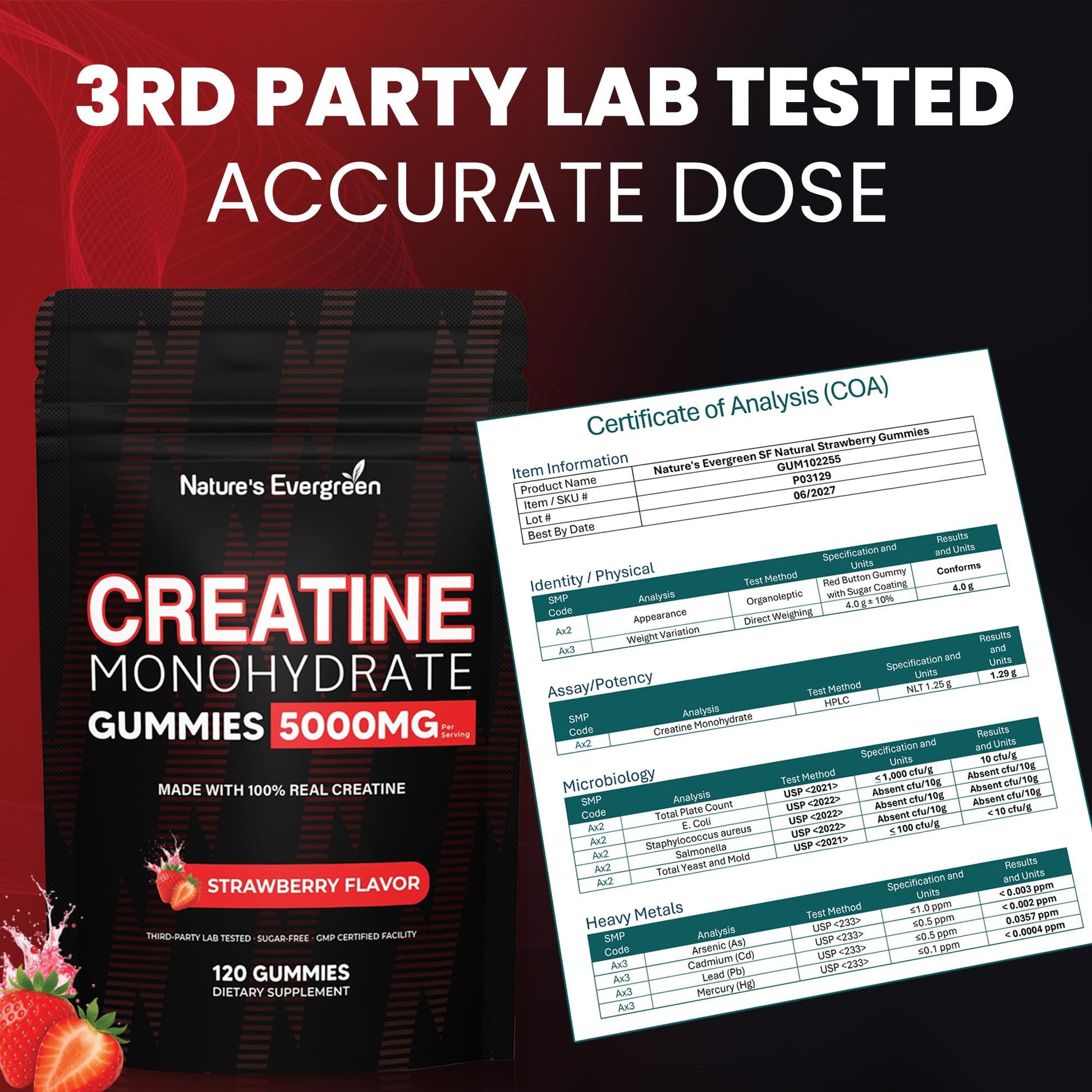 Creatine Monohydrate 5000mg Gummies, Pre-Workout 5g Creatine Gummy Supplement for Men & Women: Muscle Builder & Energy Boost, Sugar Free, Vegan, Strawberry Flavor, (120 Count) Made in USA Nature's Evergreen buy supplements canada