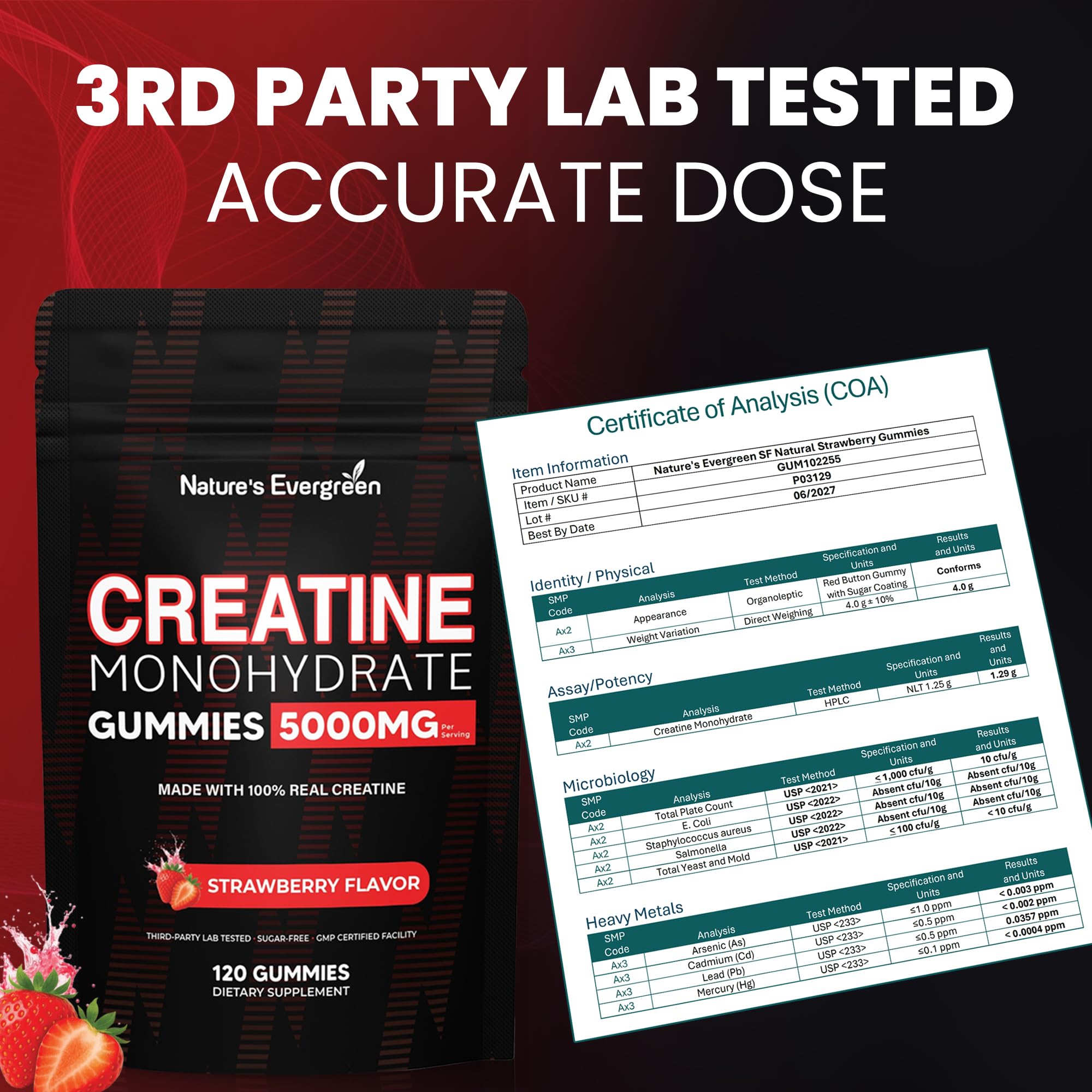 Creatine Monohydrate 5000mg Gummies, Pre-Workout 5g Creatine Gummy Supplement for Men & Women: Muscle Builder & Energy Boost, Sugar Free, Vegan, Strawberry Flavor, (120 Count) Made in USA Nature's Evergreen buy supplements canada