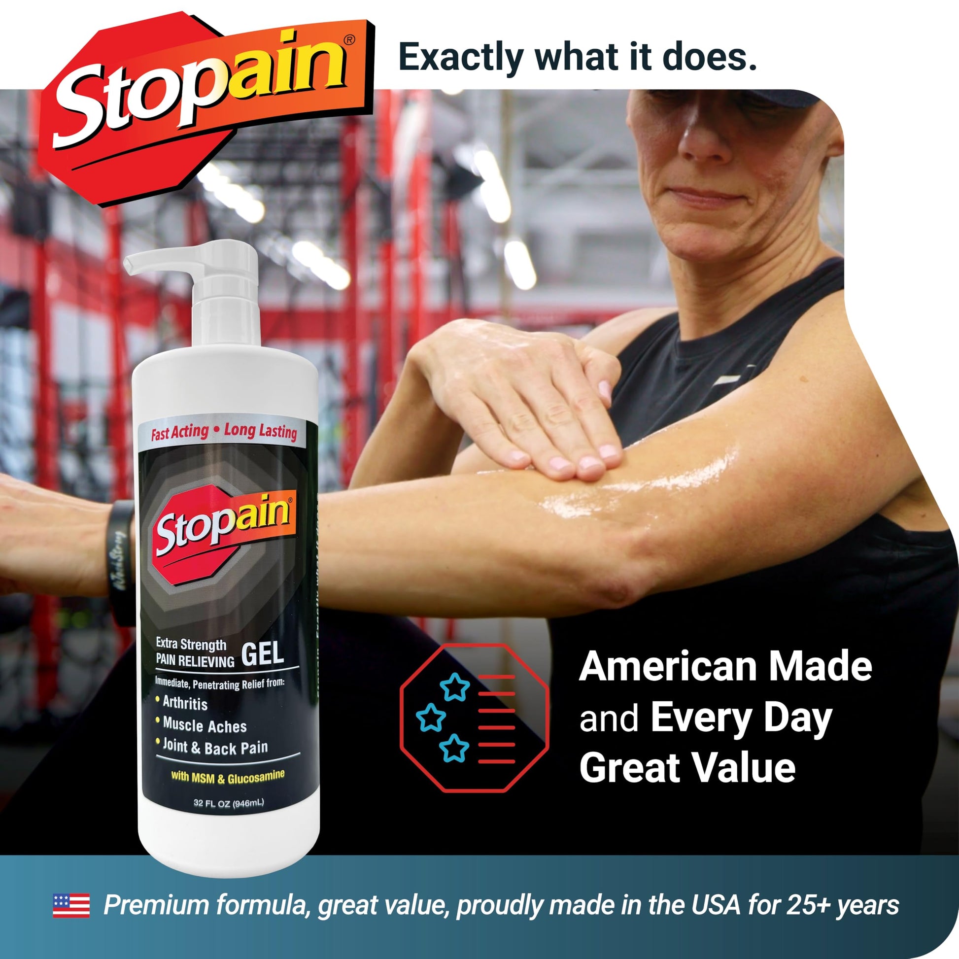 Stopain Pain Relief Gel 32oz, USA Made, Max Strength Fast Acting with Menthol, MSM, Glucosamine for Joint Pain, Back Pain, Arthritis, Knee, Neck Pain, HSA FSA Approved OTC Topical Analgesic Product Stopain buy supplements canada