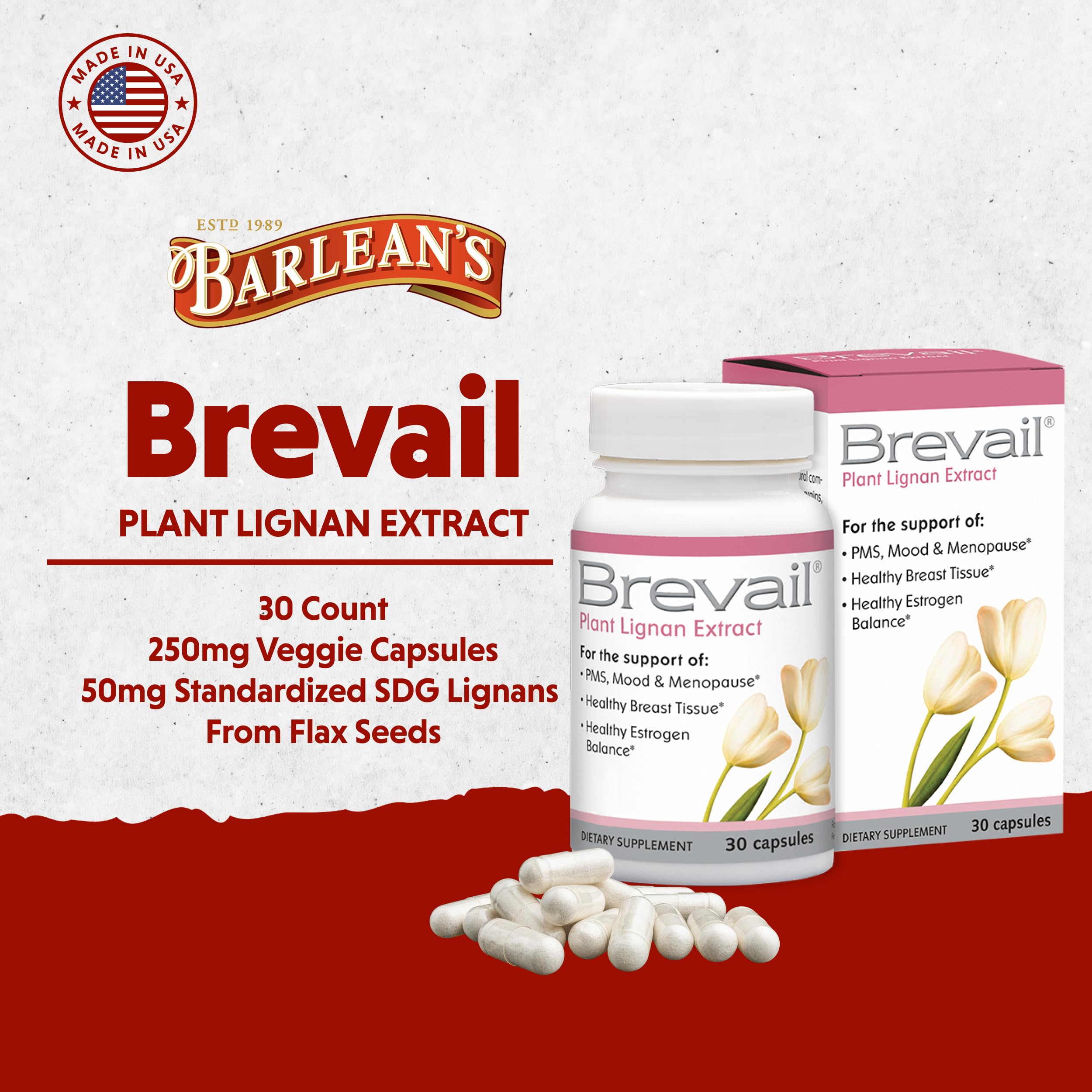 Brevail Plant Lignan Extract Capsules, Proactive Breast Health Supplement with 50 mg SDG Lignans from Flax Seed Hulls for Healthy Estrogen Balance and PMS Mood Support Pills, 30 Count Barlean's buy supplements canada
