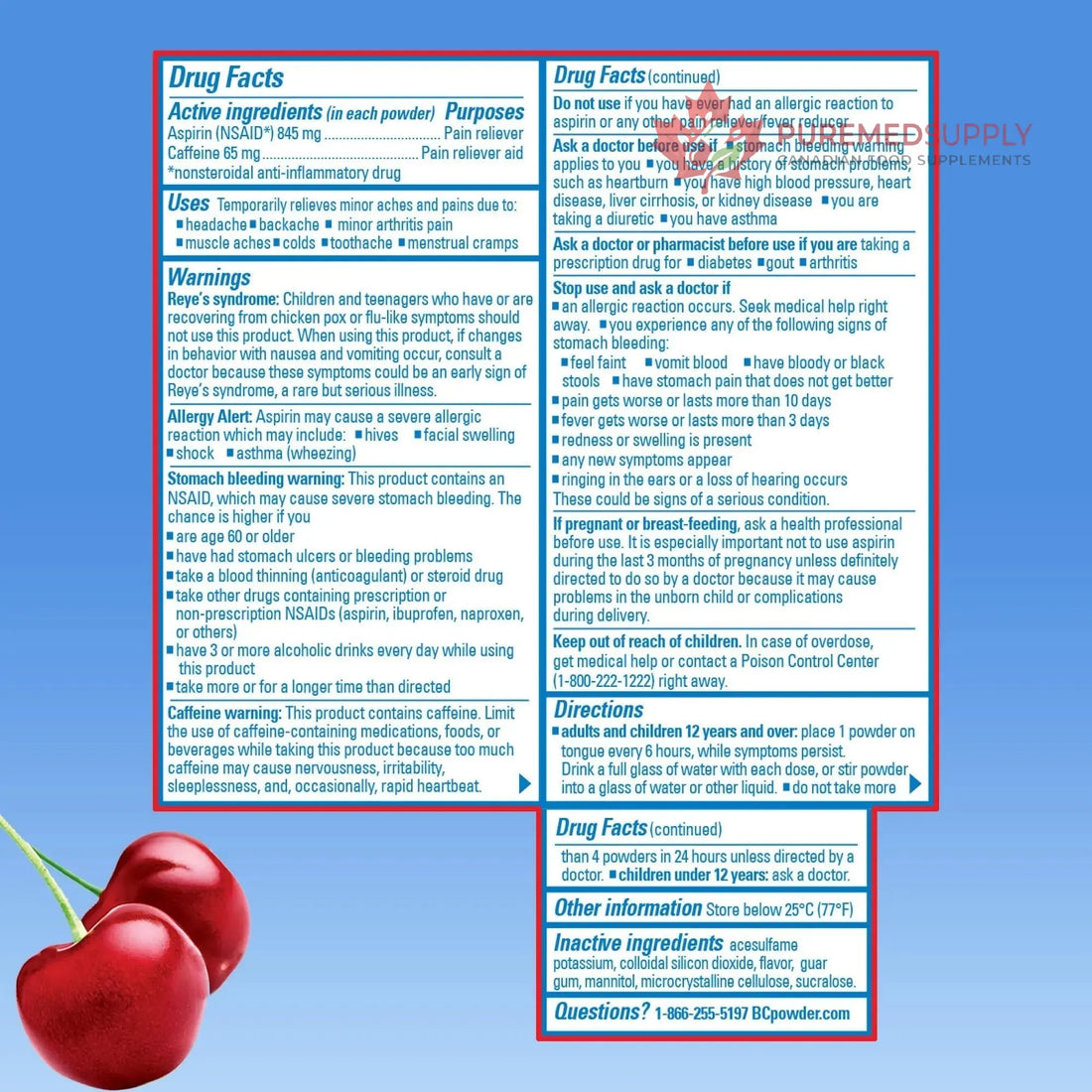 BC Headache Relief Powder, Dual-Action Formula with Aspirin & Caffeine Eases Aches & Pains, Cherry Flavor, 4 Count, Pack of 6 BC buy supplements canada