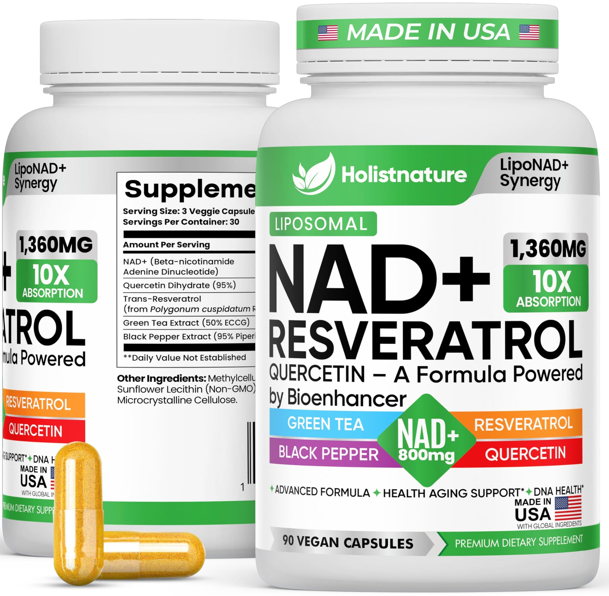 NAD+ Supplement, 1,360mg Max Strength Liposomal | Resveratrol, Quercetin, Green Tea | Cellular Energy & Healthy Aging for Men & Women | 800mg of 100% High Purity NAD+ for Energy, Focus - 90 Capsules Holistnature buy supplements canada