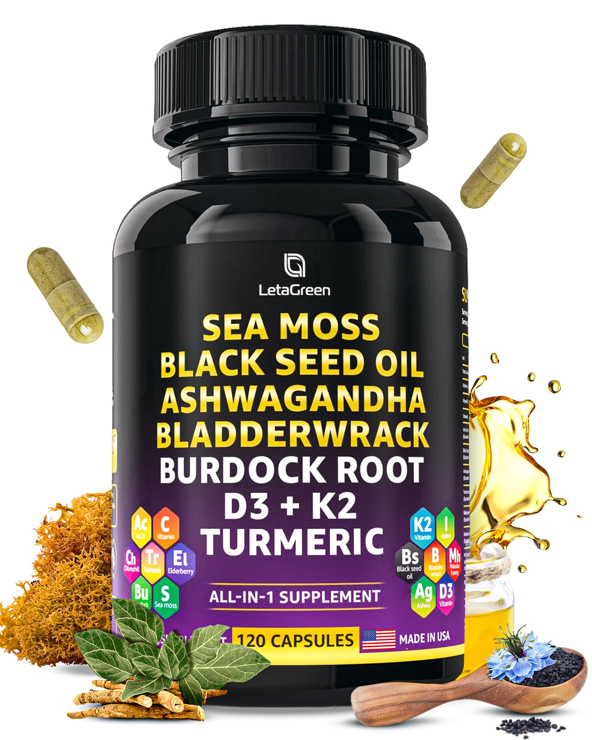 LetaGreen Ocean Wild Sea Moss Capsules - 120 Black Seed Oil Sea Moss Pills LetaGreen buy supplements canada