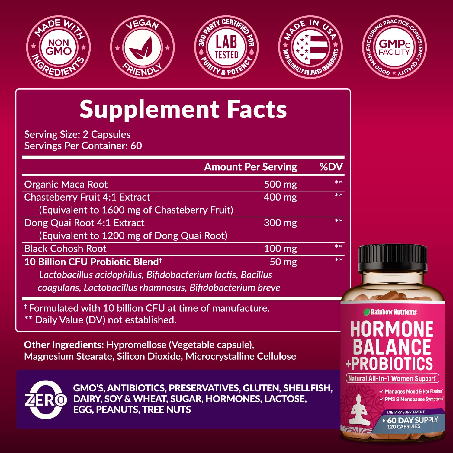Hormone Balance + Probiotics for Women- Natural Menopause Relief, Weight Management, Bloating, Hot Flashes, PMS | Organic Maca, Chasteberry, Dong Quai & Black Cohosh | Non GMO |120 V Capsules Rainbow Nutrients, LLC buy supplements canada