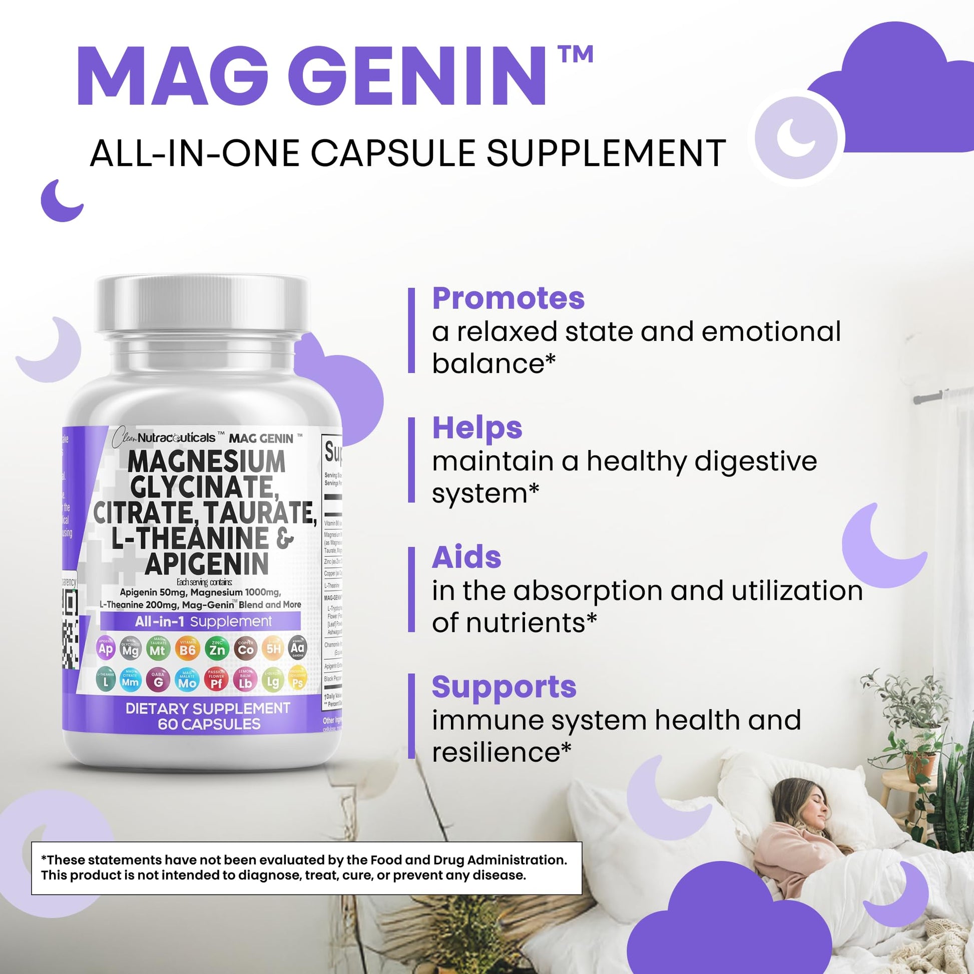 Clean Nutraceuticals Magnesium Glycinate Complex 1000mg with L-Theanine 200mg Apigenin 50mg Citrate Taurate Supplement - 5-HTP GABA Passion Flower Lemon Balm L-Glycine Phosphatidylserine - 60 Count Clean Nutraceuticals buy supplements canada