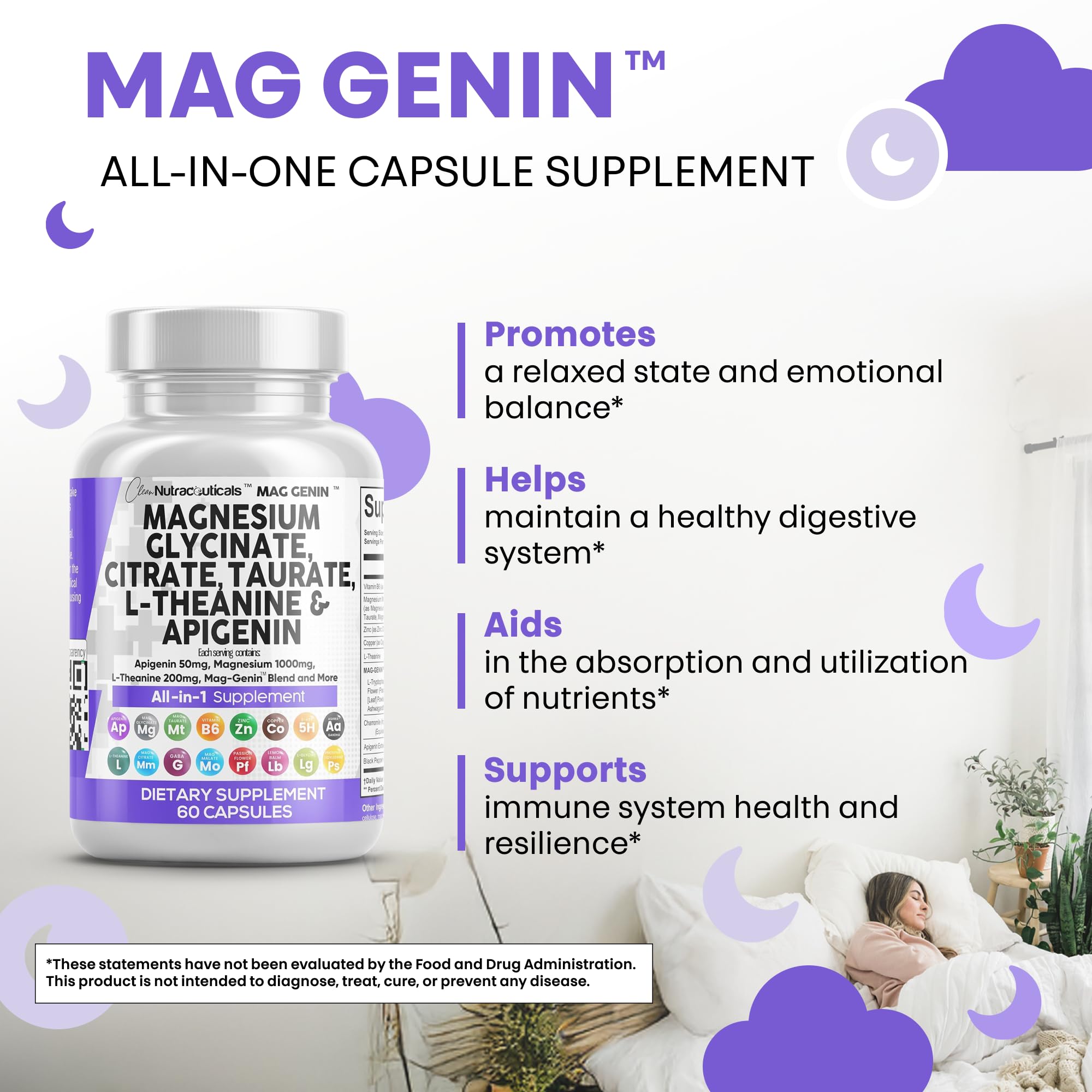 Clean Nutraceuticals Magnesium Glycinate Complex 1000mg with L-Theanine 200mg Apigenin 50mg Citrate Taurate Supplement - 5-HTP GABA Passion Flower Lemon Balm L-Glycine Phosphatidylserine - 60 Count Clean Nutraceuticals buy supplements canada