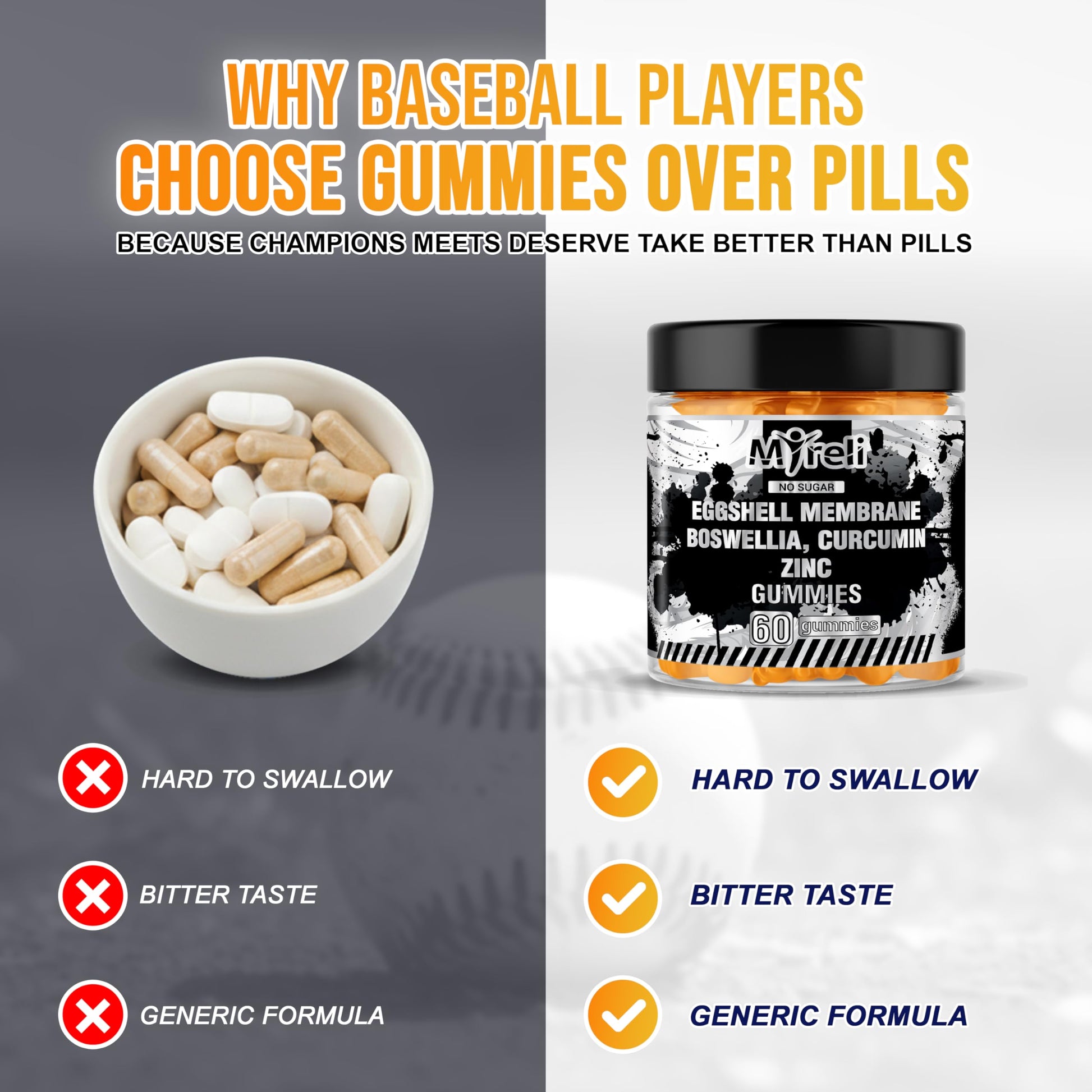 MYRELI Eggshell Membrane 400mg, Boswellia 300mg, Curcumin 250mg & Zinc 20mg Gummies - Baseball Athlete Joint Support, Flexibility, Recovery, Antioxidant, Energy, Endurance - Vegan, Non-GMO, 60 Gummies MYRELI buy supplements canada
