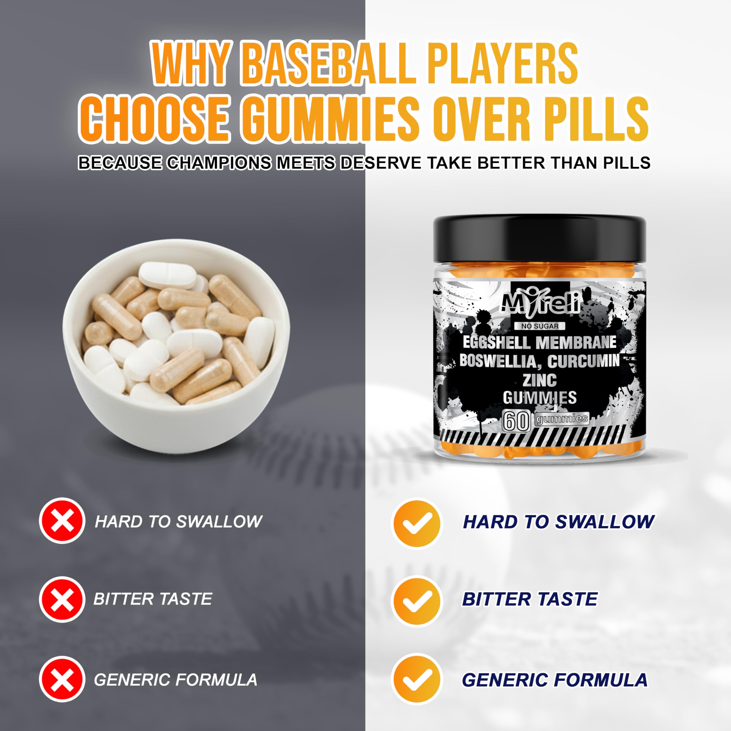 MYRELI Eggshell Membrane 400mg, Boswellia 300mg, Curcumin 250mg & Zinc 20mg Gummies - Baseball Athlete Joint Support, Flexibility, Recovery, Antioxidant, Energy, Endurance - Vegan, Non-GMO, 60 Gummies MYRELI buy supplements canada