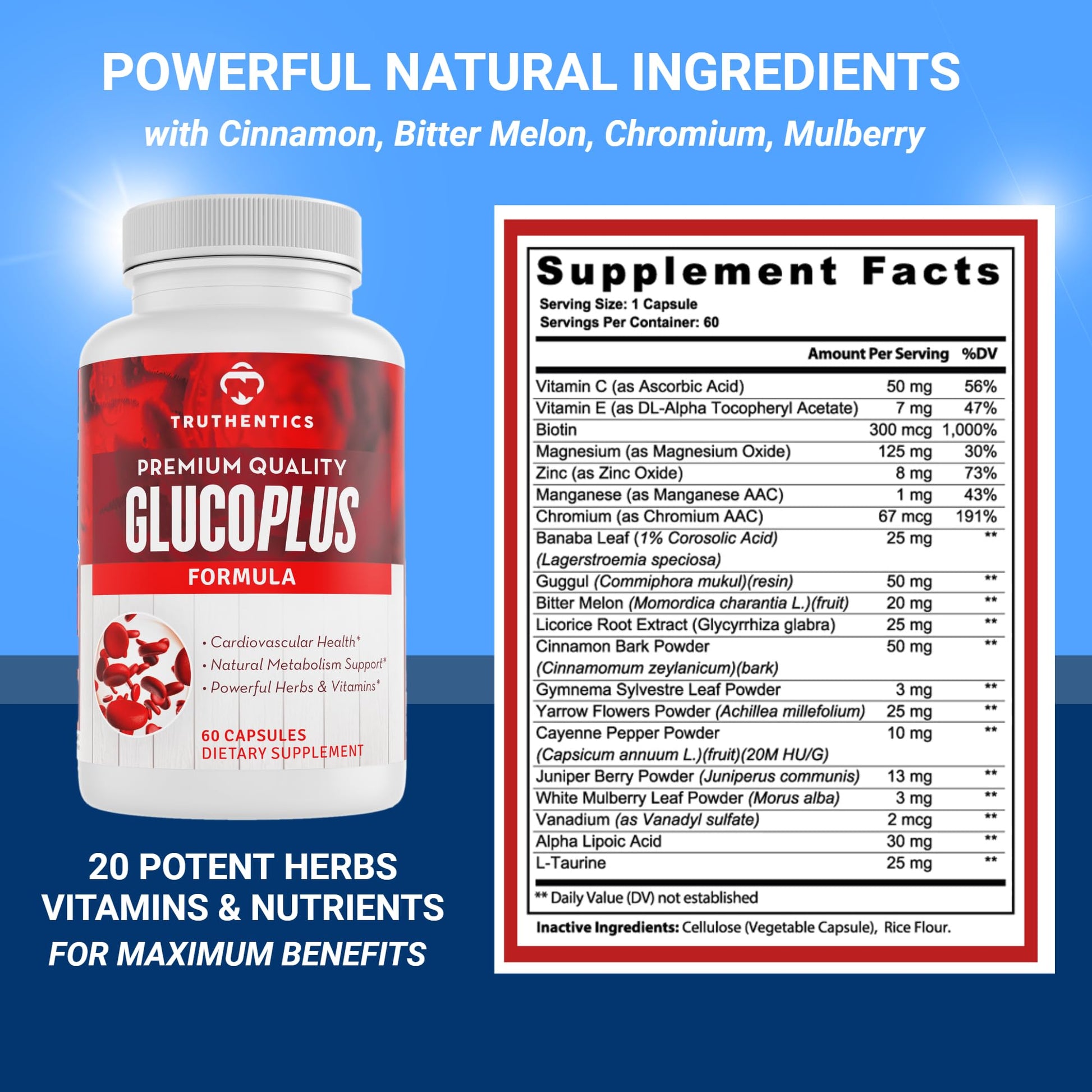 TRUTHENTICS GlucoPlus - 20 Herbs, Vitamins & Minerals with Cinnamon, Chromium, Vanadium, Bitter Melon, Alpha Lipoic Acid, Magnesium - Gluten Free, Non-GMO - 60 Capsules TRUTHENTICS buy supplements canada