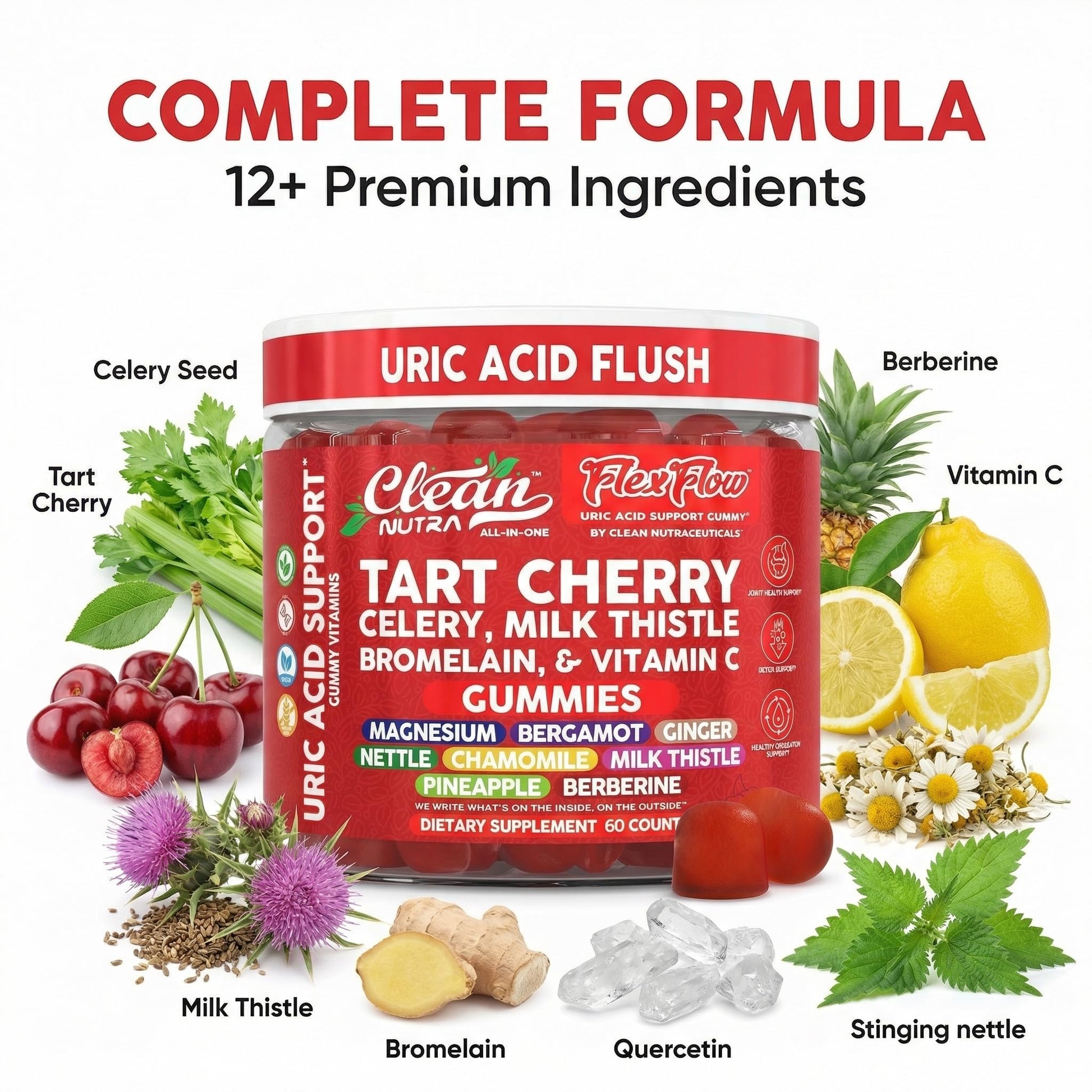 Clean Nutra Tart Cherry Gummies Uric Acid Flush Celery Milk Thistle Bromelain Vitamin C Magnesium Citrus Bergamot Ginger Stinging Nettle Leaf Chamomile Berberine Quercetin Support 60 Gummy Vitamins Clean Nutraceuticals buy supplements canada