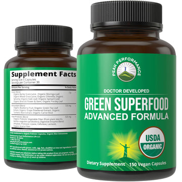 Organic Super Greens 150 Capsules - Green Juice Superfood Supplement with 25 All Natural Organic Ingredients. Max Energy and Detox Super Food Pills with Spirulina, Spinach, Kale, Turmeric, Probiotics Peak Performance buy supplements canada