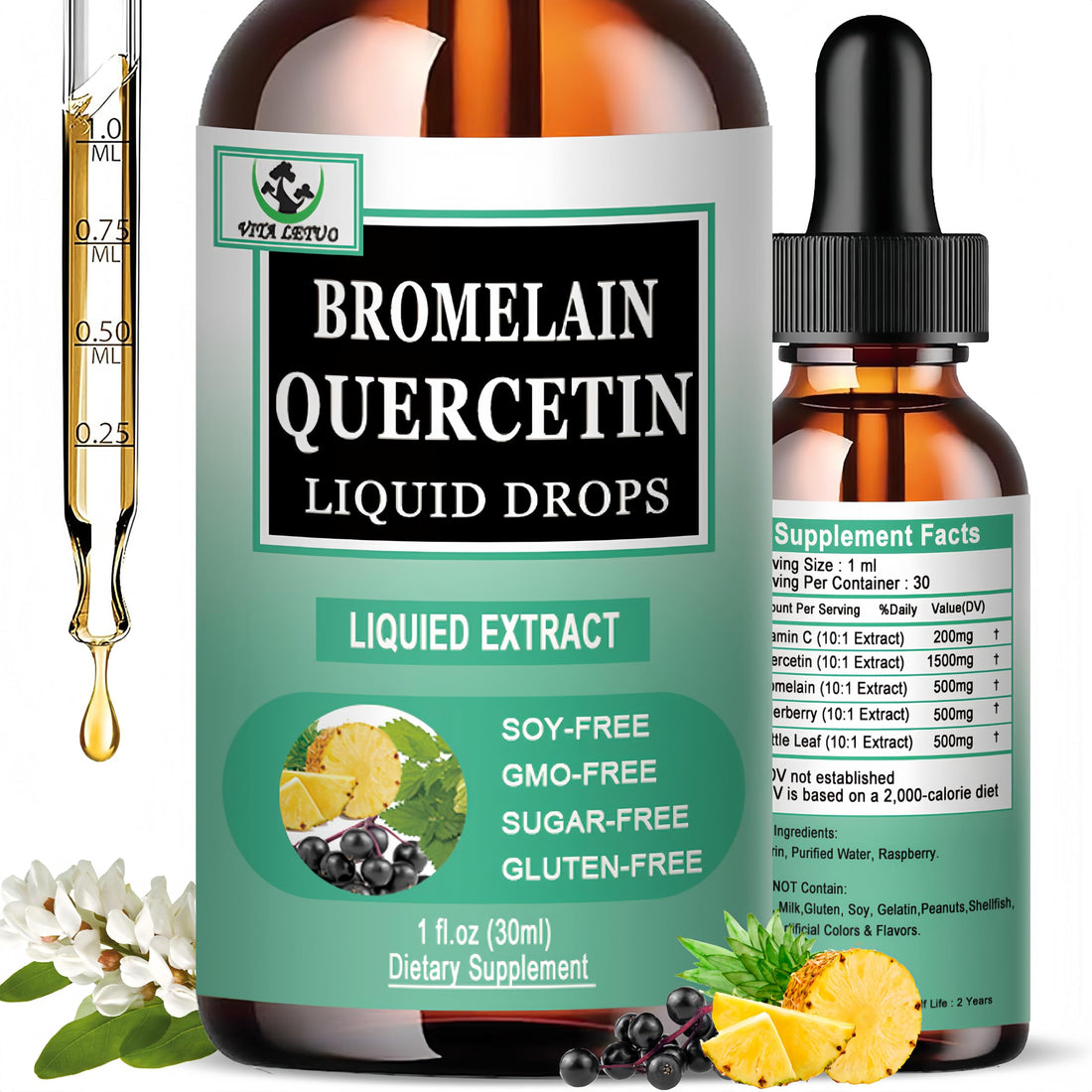 Quercetin Liquid Drops, Quercetin with Bromelain Elderberry Nettle Leaf Vitamin C Liquid Supplements, High Absorption Quercetin Liquid Drops for Women Men, Healthy Immune Antioxidant Support, Non-GMO Vita letuo buy supplements canada