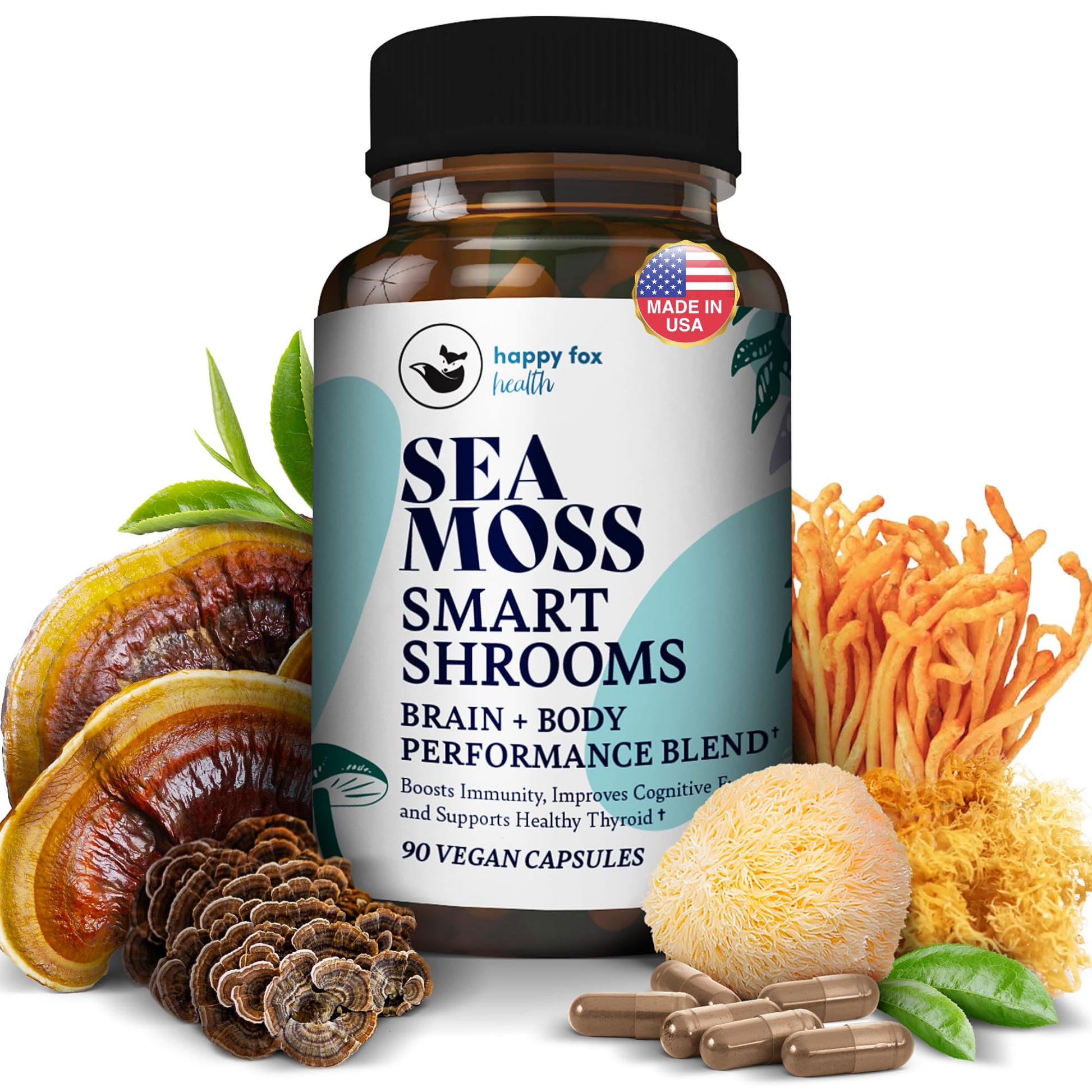 HAPPY FOX Irish Sea Moss Capsules & Mushroom Complex - Organic Seamoss with Adaptogens for Brain Health, 1500mg, 90 Vegan Capsules, Organic Mushroom Supplement HAPPY FOX buy supplements canada