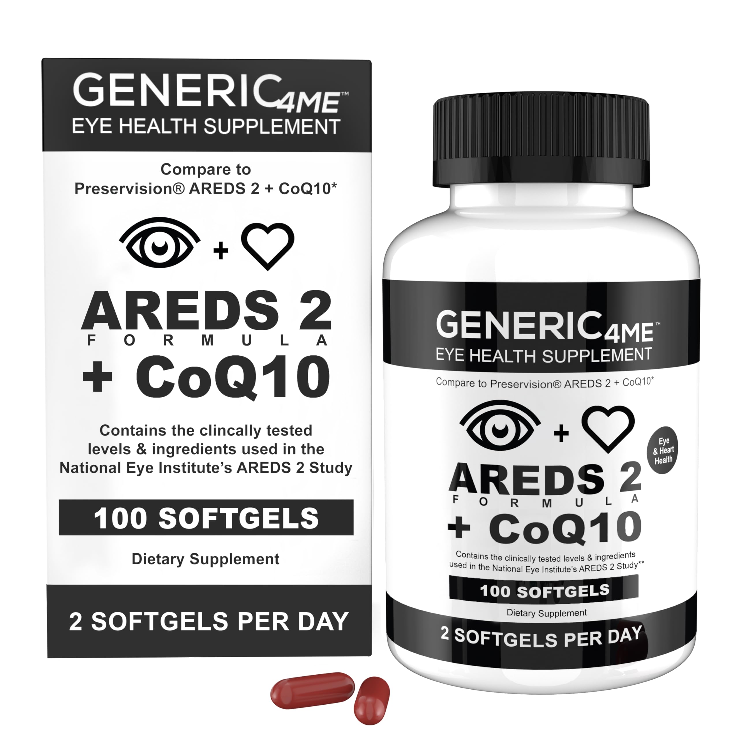 Generic4ME AREDS 2 SoftGels, 100 mg CoQ10 for Heart Health, 500 mg Vitamin C, 400 IU Vitamin E, 10 mg Lutein, 2 mg Zeaxanthin, 80 mg Zinc, 2 mg Copper - Supports Eye Health - 100 Mini SoftGels Generic4ME buy supplements canada