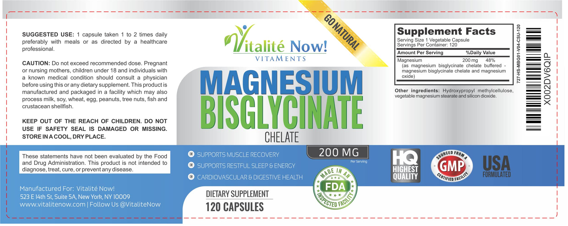 Vitalité Now! Magnesium Bisglycinate 200mg - 100% Chelated Capsules for Superior Absorption - Gentle Formula, No Laxative Effect - Sleep Energy Cramps Muscle Support - Fully Reacted & Buffered Vitalité Now! buy supplements canada