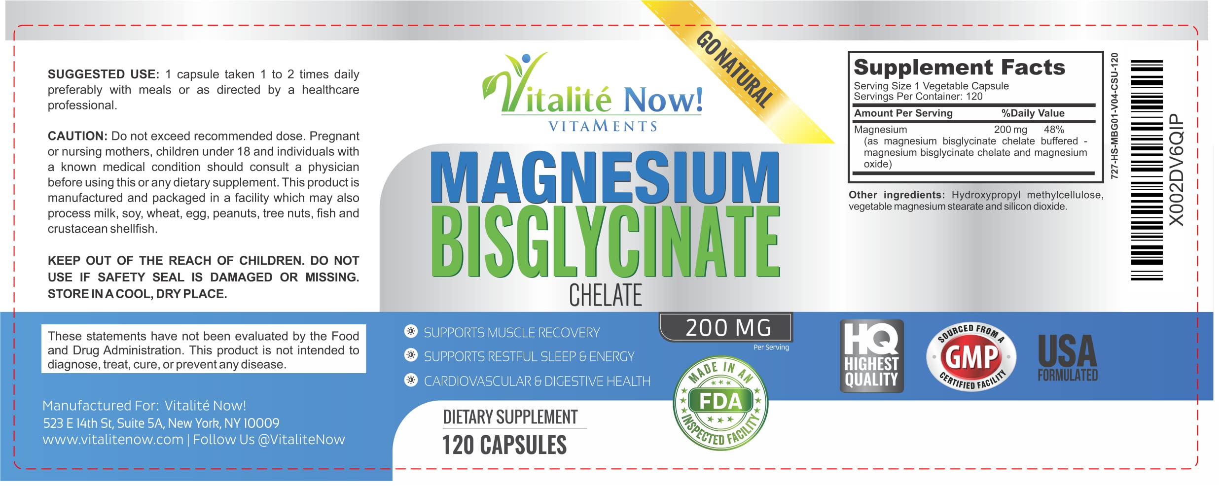 Vitalité Now! Magnesium Bisglycinate 200mg - 100% Chelated Capsules for Superior Absorption - Gentle Formula, No Laxative Effect - Sleep Energy Cramps Muscle Support - Fully Reacted & Buffered Vitalité Now! buy supplements canada
