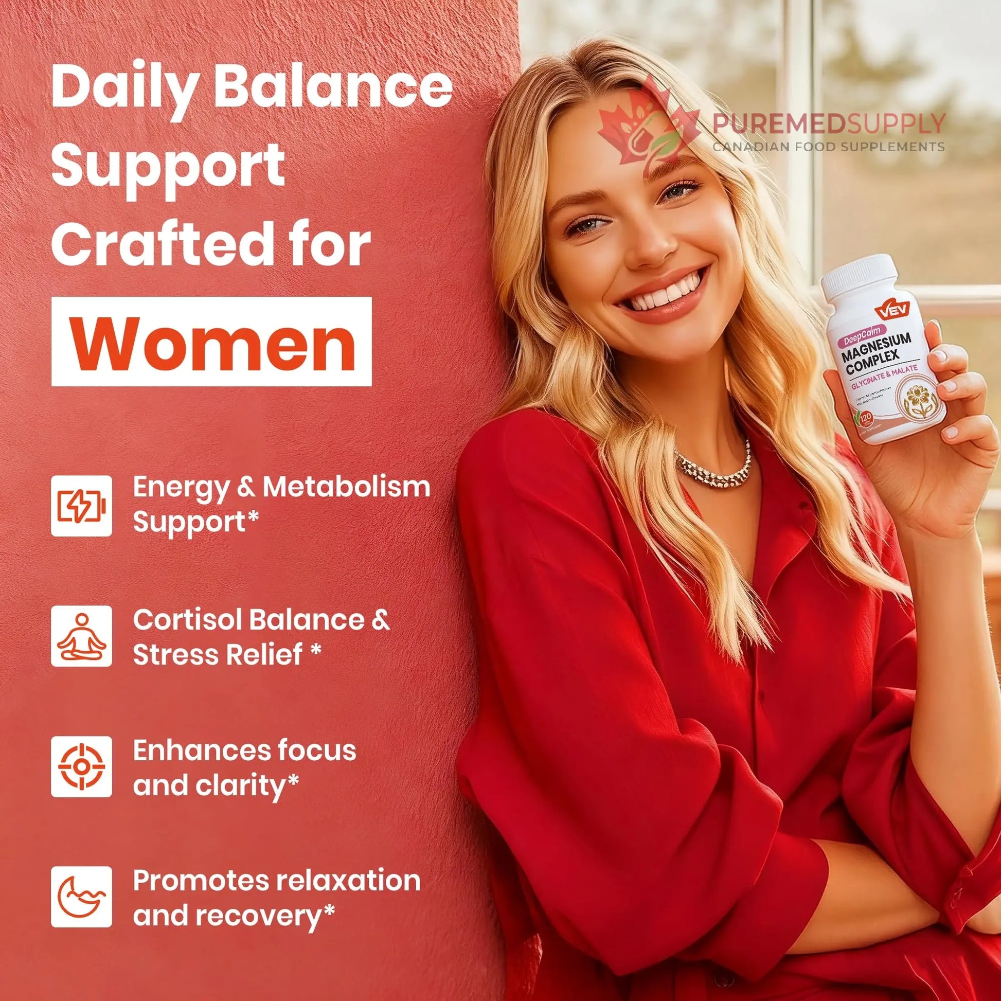 VEV Deep Calm Magnesium Complex for Women – Glycinate, Malate, B6, L-Theanine & Holy Basil – Support for Daily Magnesium & Stress Relief – 120 Vegan Capsules VEV buy supplements canada