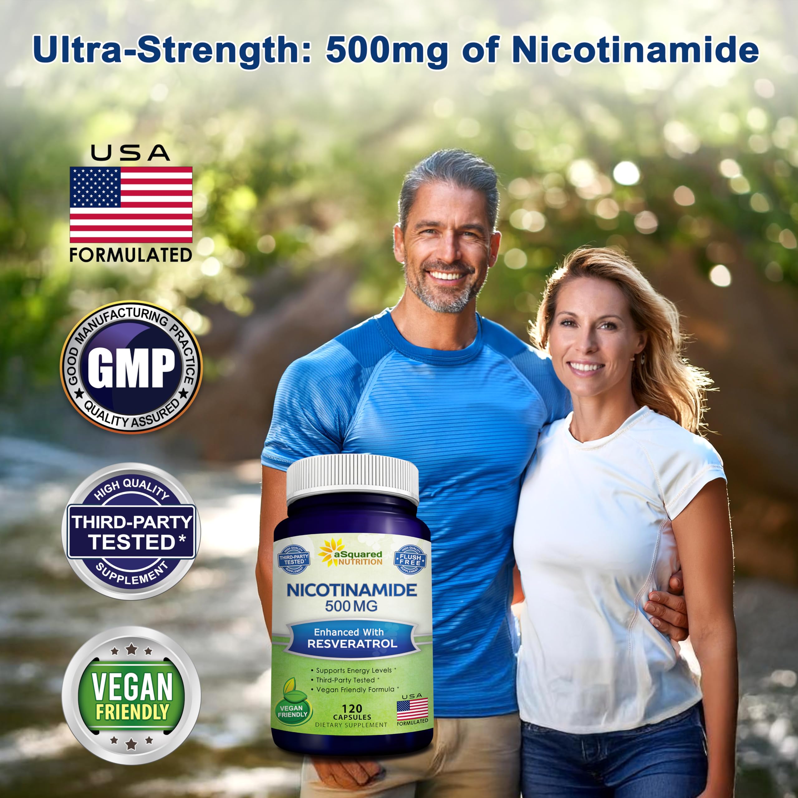 aSquared Nutrition Nicotinamide with Resveratrol - 120 Veggie Capsules - Vitamin B3 500mg (Niacinamide Flush Free) - Supplement Pills to Support NAD, Skin Cell Health & Energy aSquared Nutrition buy supplements canada
