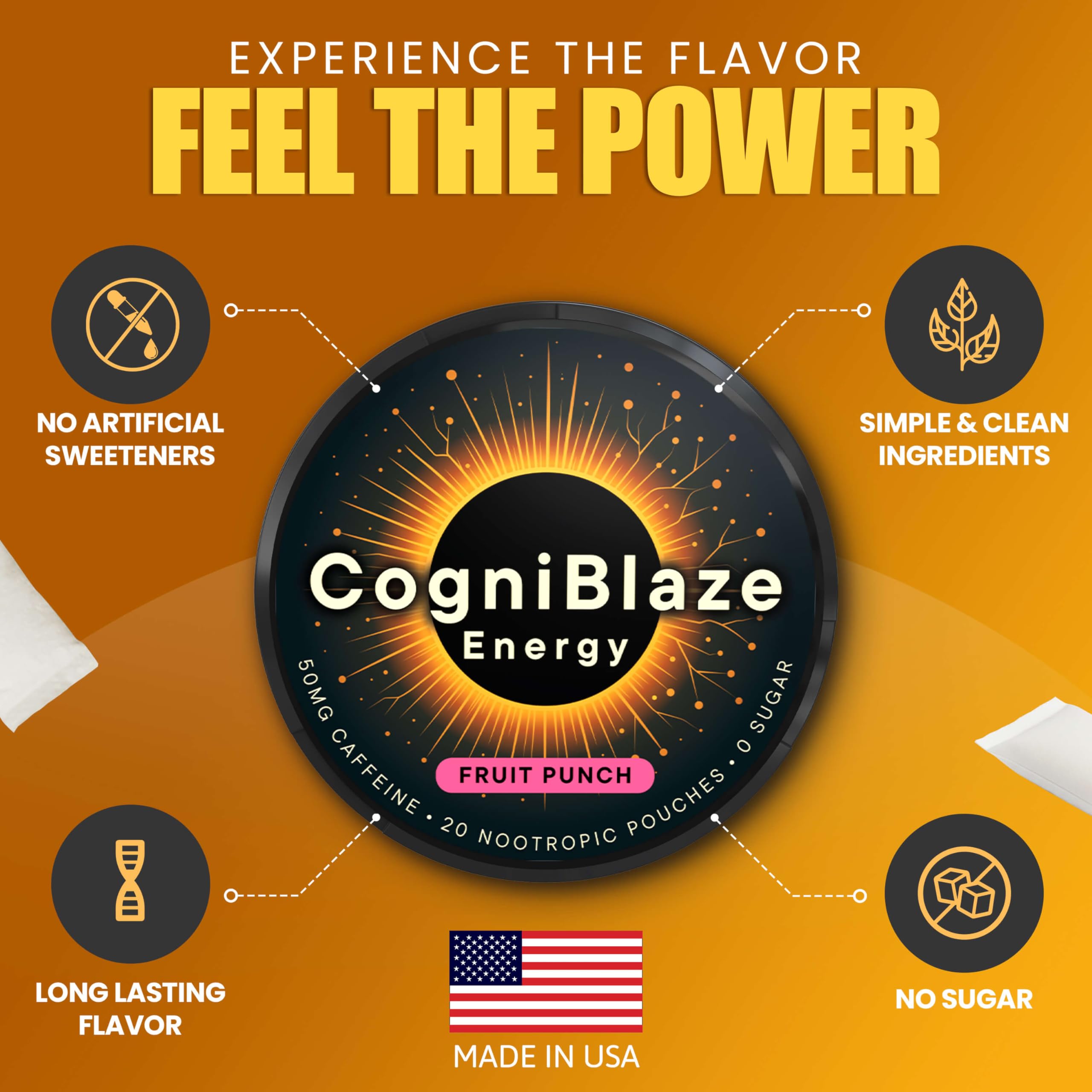 CogniBlaze Caffeine Pouches (Fruit Punch) | Nootropic Energy Pouches with 50mg Caffeine, Alpha GPC, L-Tyrosine & L-Theanine | Zero Sugar | No Artificial Sweeteners | 4 Pack (80 Total) CogniBlaze buy supplements canada
