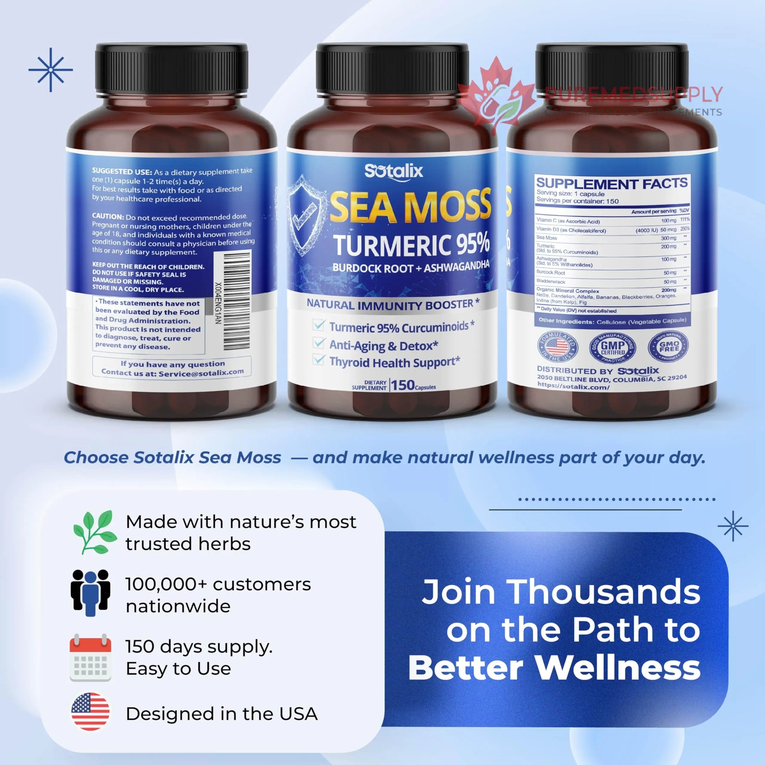 Sotalix Sea Moss Capsule with Ashwagandha, Burdock Root, Bladderwrack, Turmeric - Powerful Natural Immunity Booster (150 Count (Pack of 1)) SOTALIX SUPPLEMENT buy supplements canada
